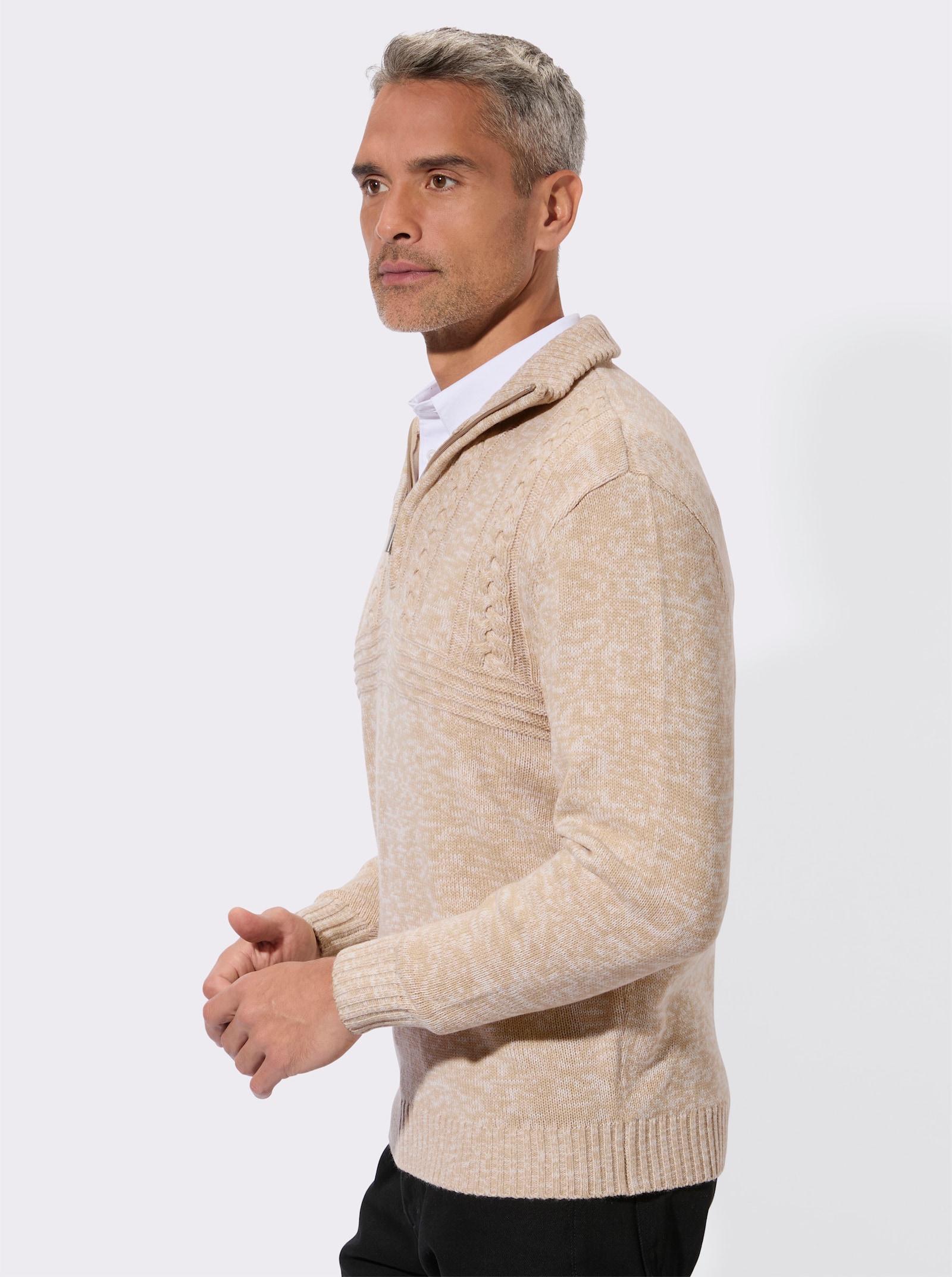 Langarm-Pullover mit platziertem Zopfmuster - beige-meliert