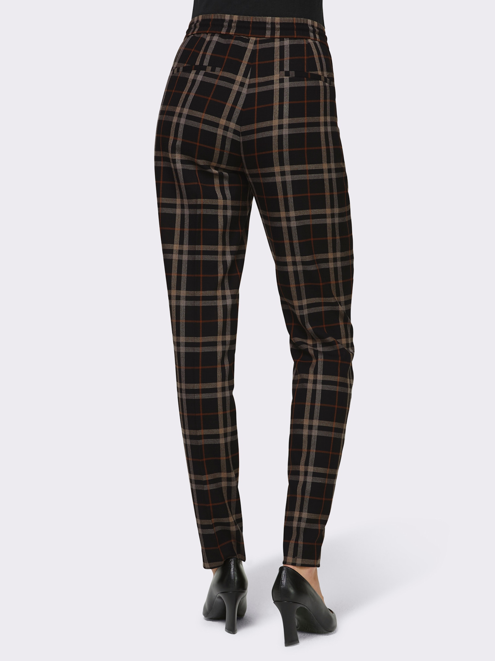 heine Geruite broek met comfortband rondom - zwart-cognac geruit