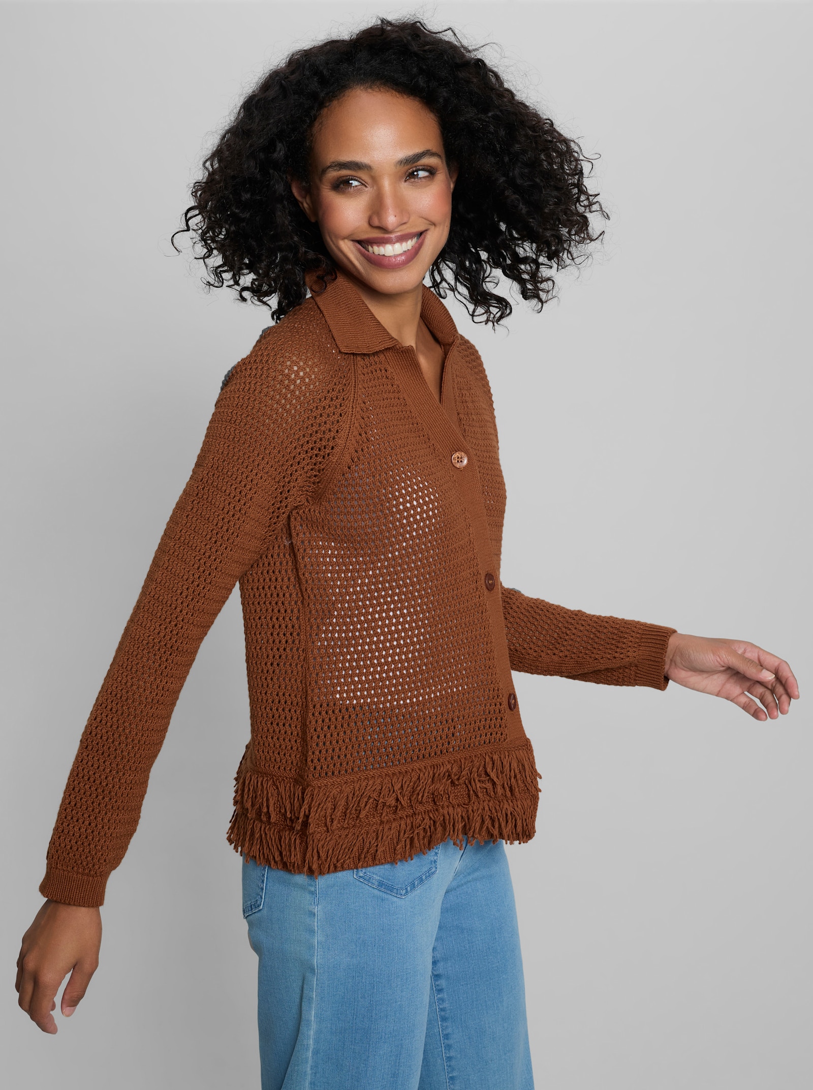 heine Ajourstrickjacke mit Fransensaum - cognac