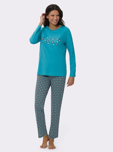 Schlafanzug mit floralem Druck - türkis-anthrazit-bedruckt