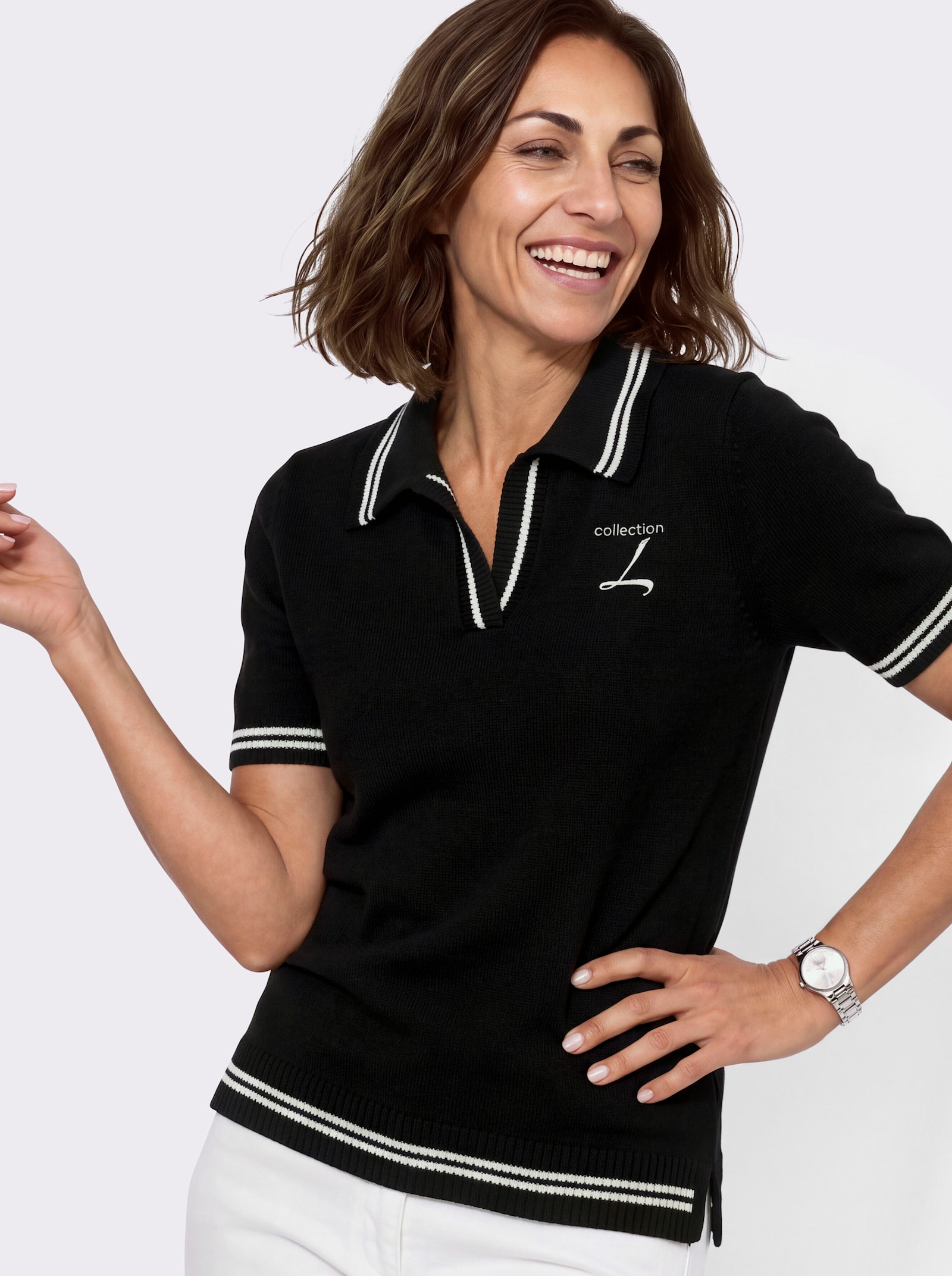 Polopullover mit Seitenschlitzen - schwarz-ecru-geringelt