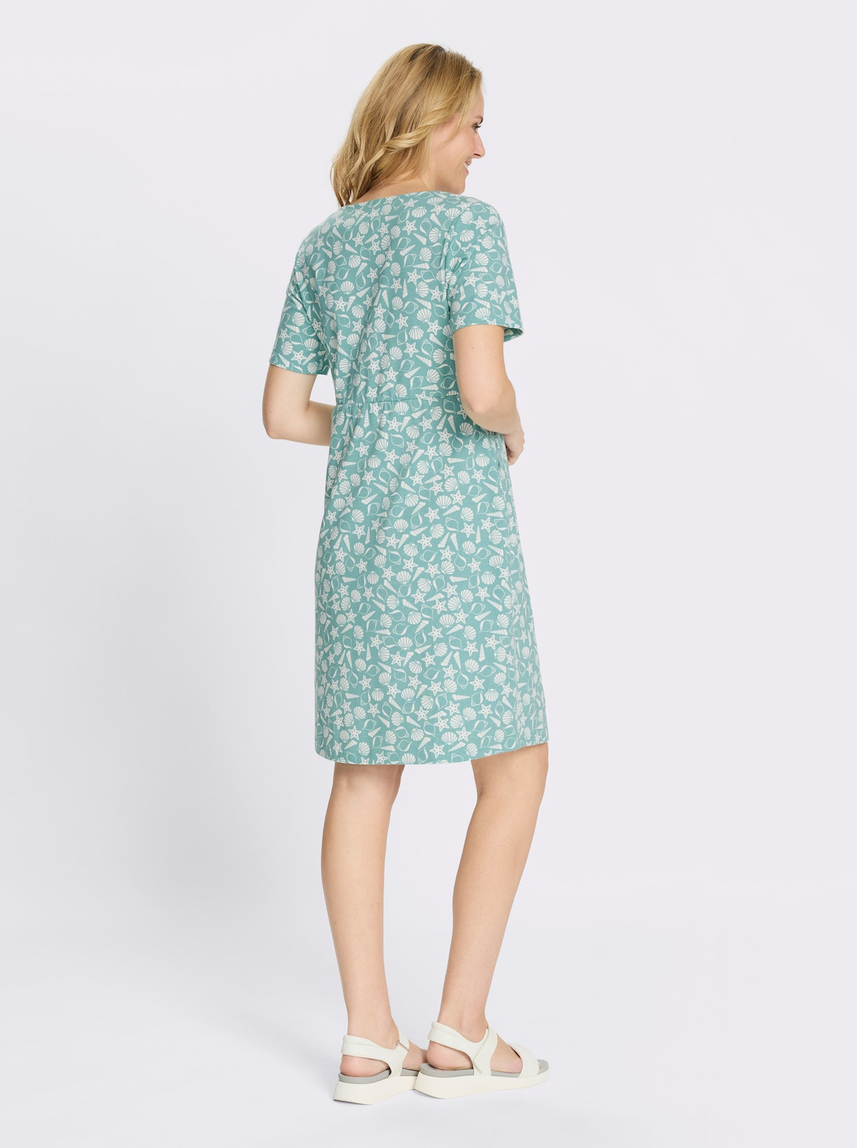 Jerseykleid mit Taschen - salbei-ecru-bedruckt