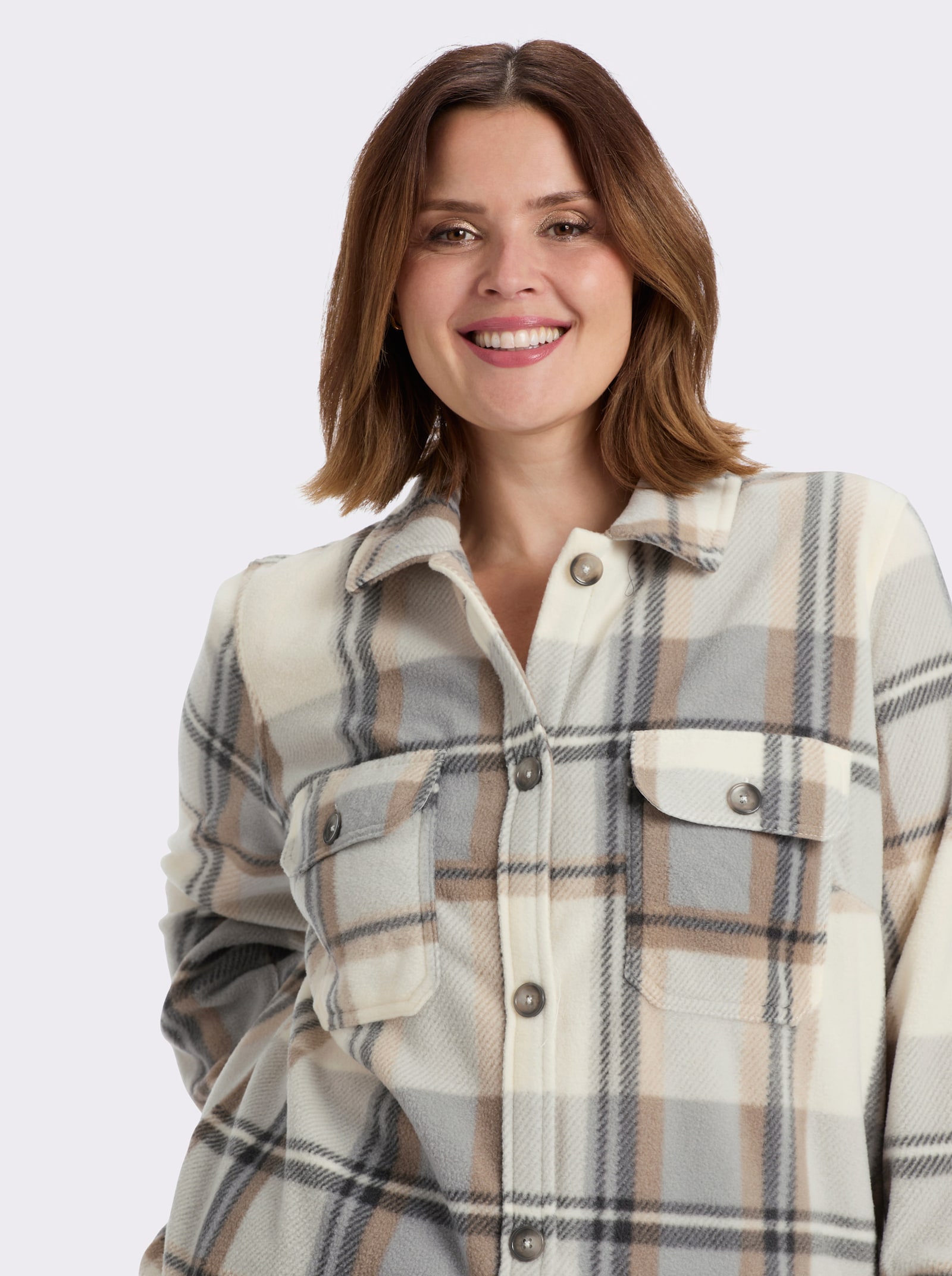 Fleecejacke mit Knöpfen in Horn-Optik - champagner-steingrau-kariert