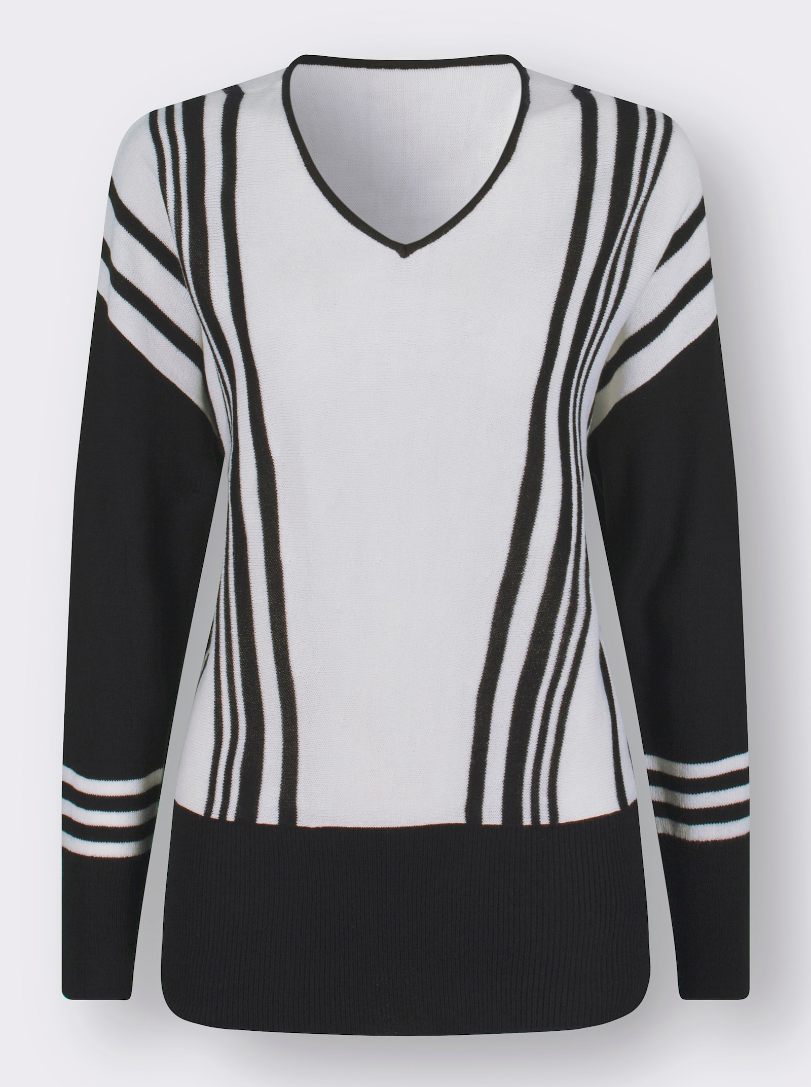 V-Ausschnitt-Pullover mit überschnittenen Schultern - weiß-schwarz-gestreift