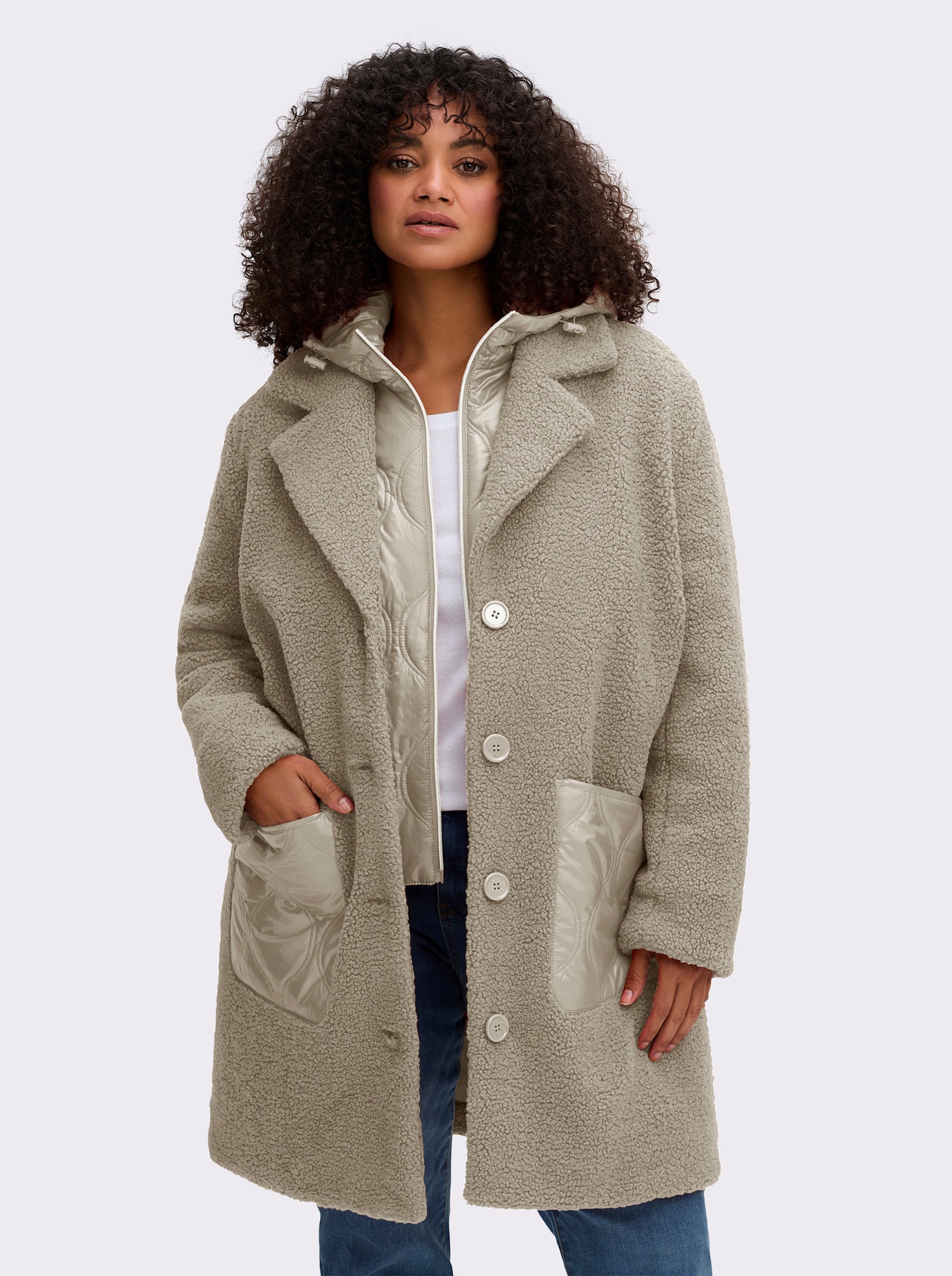 sheego Fleecemantel in 2-in-1-Optik - schlamm