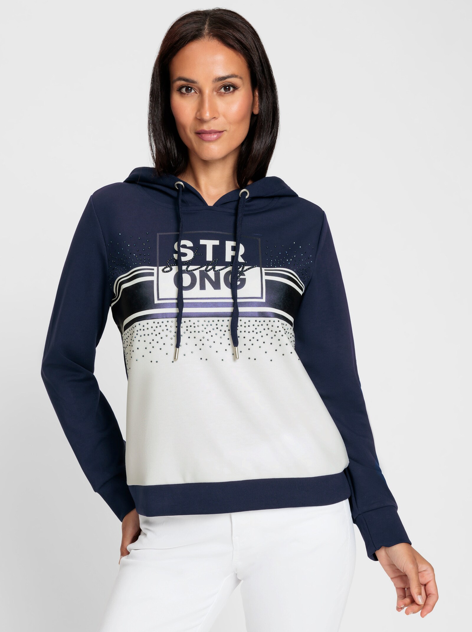 heine Kapuzensweatshirt mit Schriftzug - marine-ecru-bedruckt