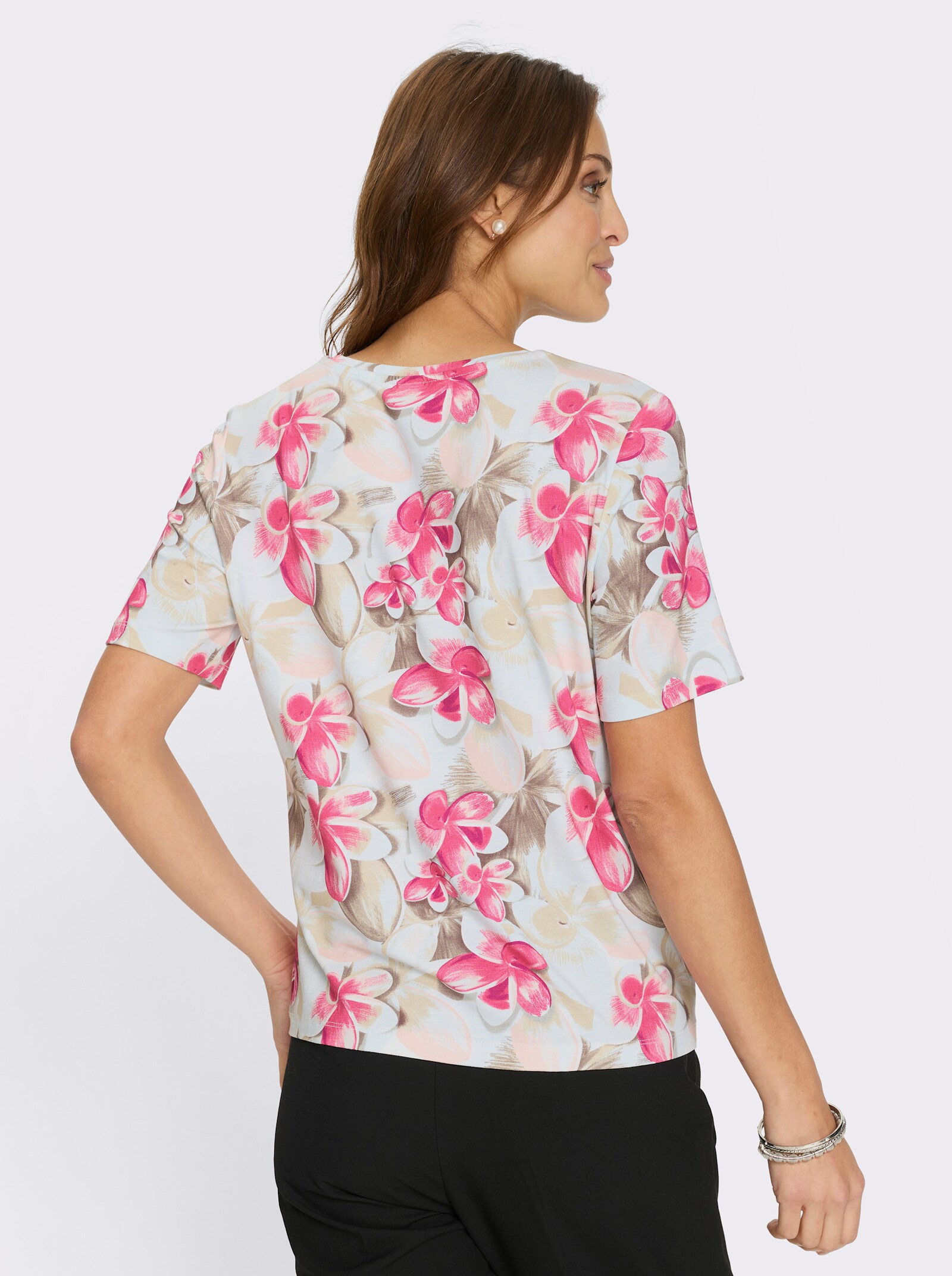 Rundhalsshirt - ecru-fuchsia-bedruckt