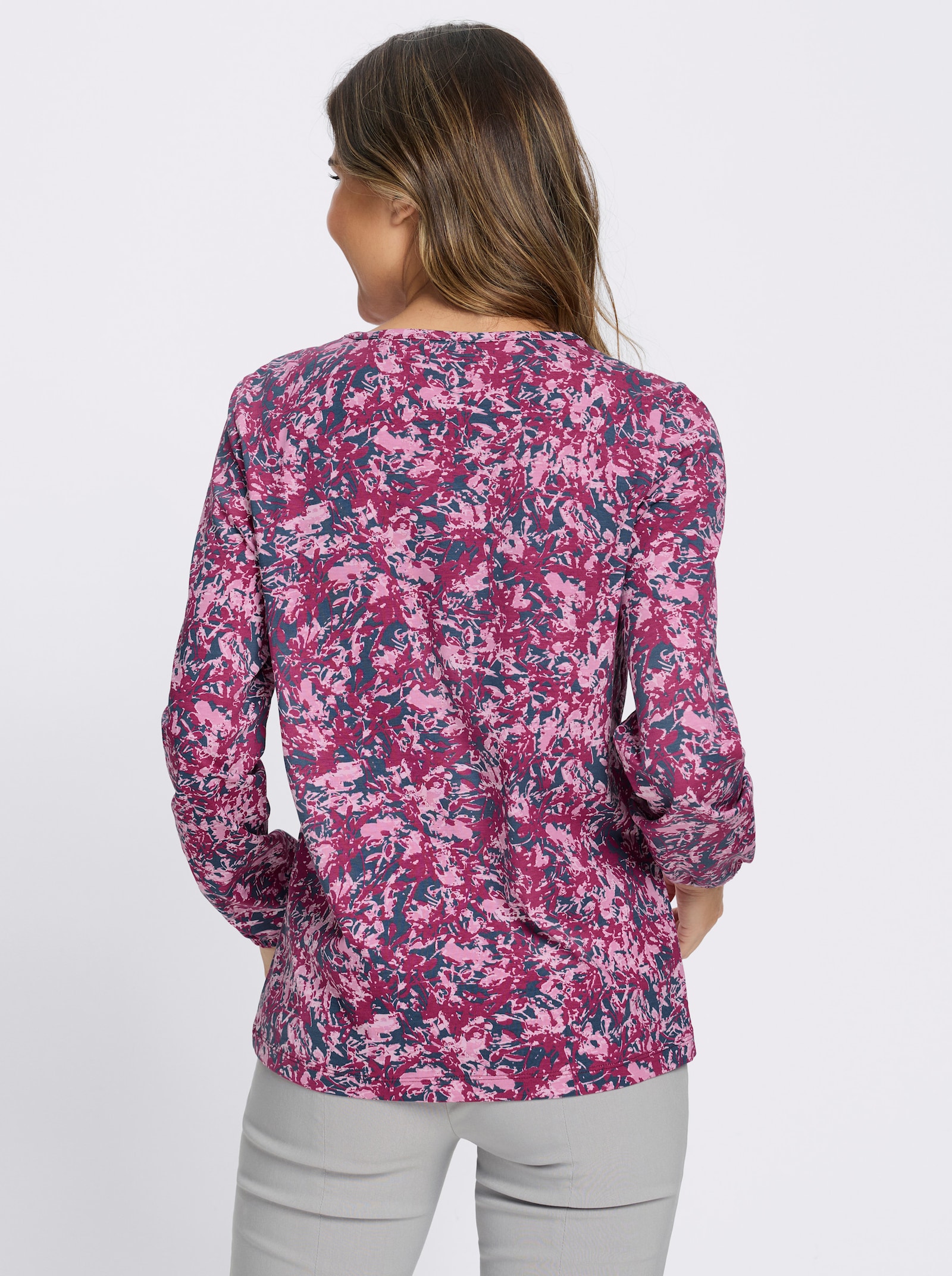 Langarmshirt mit überkreuzten Bändern - rauchblau-erika-bedruckt