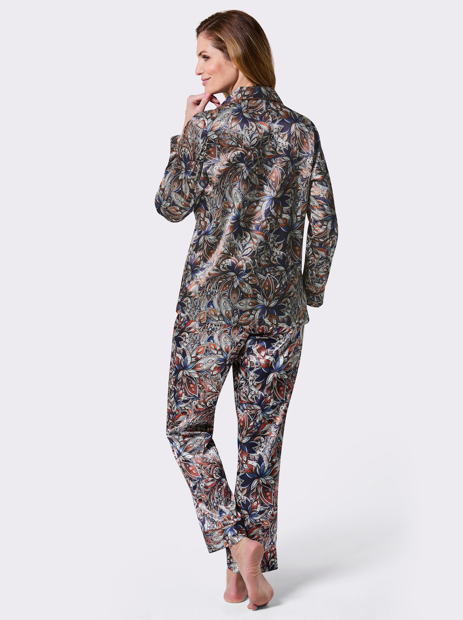 wäschepur Pyjama in Satin-Qualität - marine-cognac-bedruckt