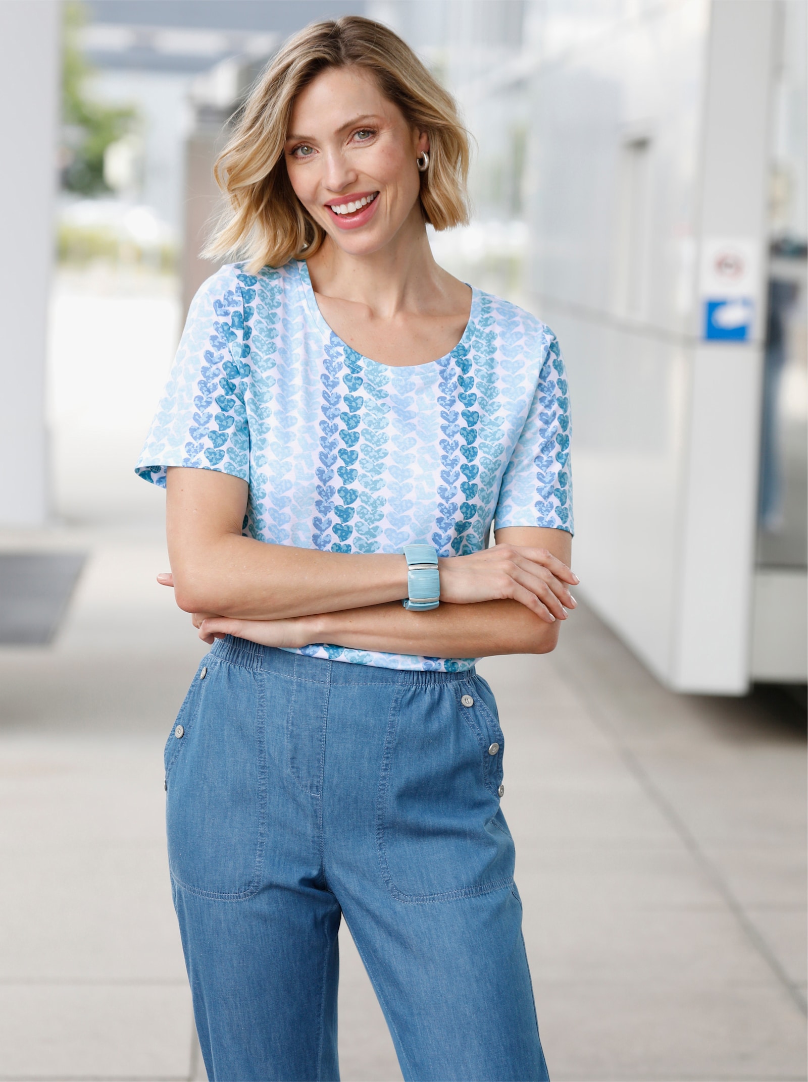 Shirt met print en hartdessin - middenblauw/aquamarine bedrukt
