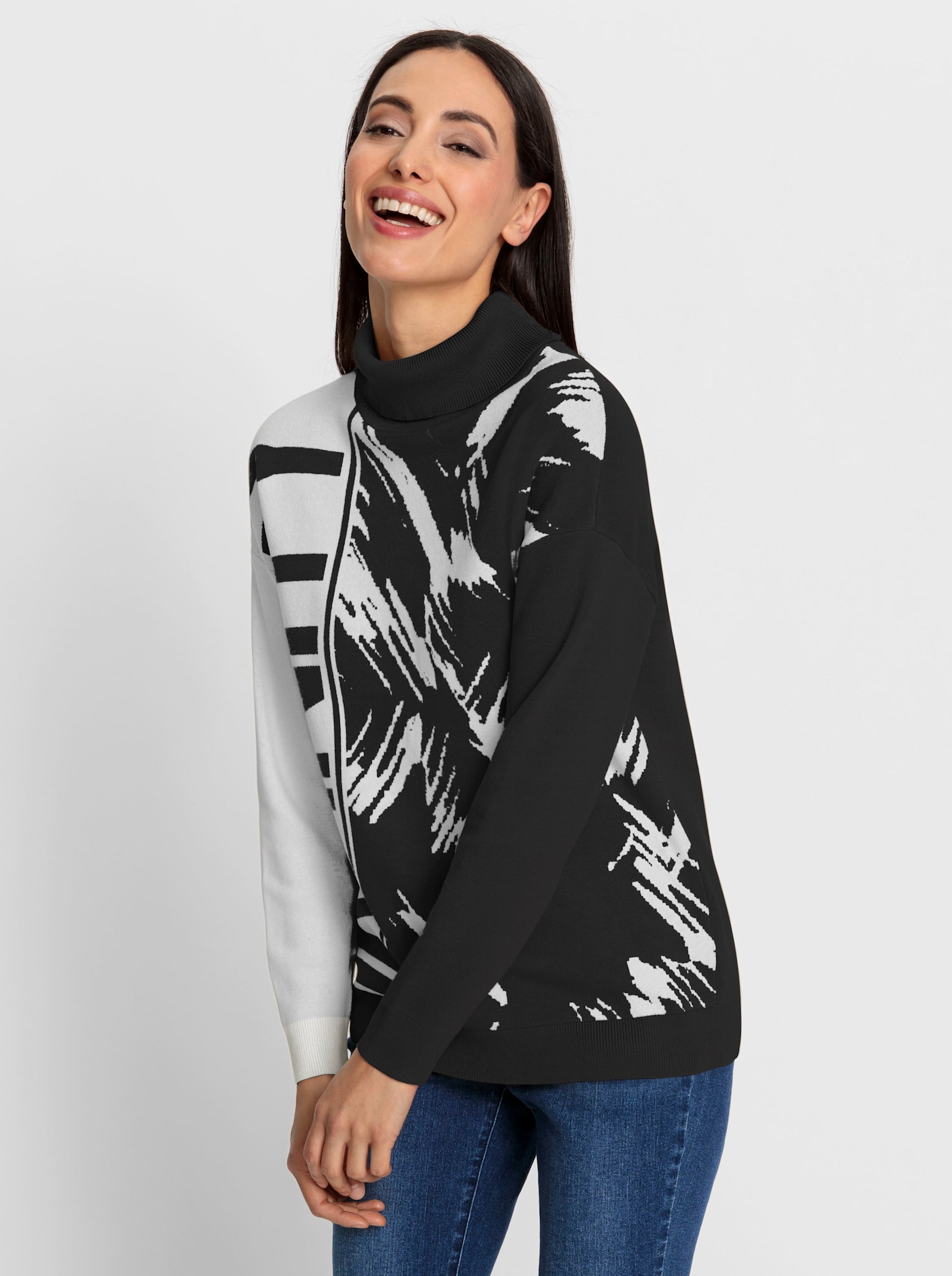 heine Jacquardpullover mit Rollkragen - schwarz-ecru-gemustert