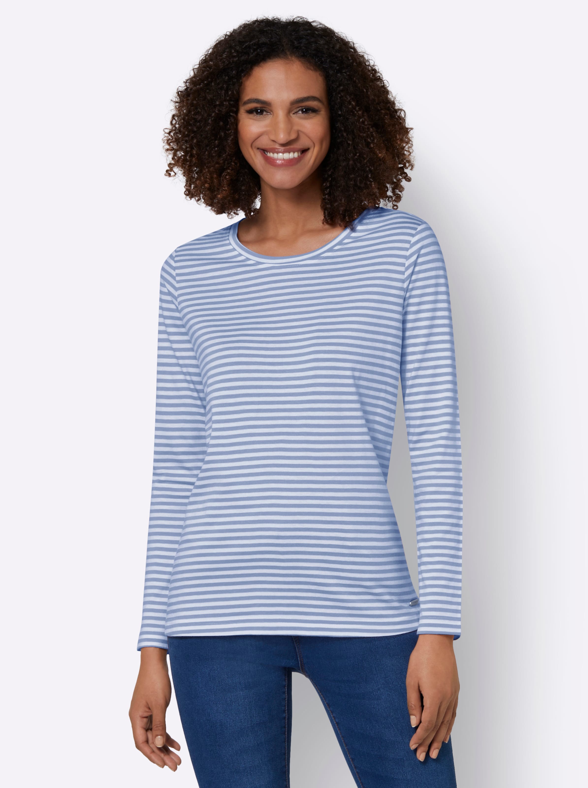 LS Run günstig Kaufen-Streifenshirt in bleu-ecru-geringelt von heine. Streifenshirt in bleu-ecru-geringelt von heine <![CDATA[Herrlich weich und wunderbar pflegeleicht: gestreiftes Shirt mit Rundhals-Ausschnitt. Aus weichem Single-Jersey.]]>. 