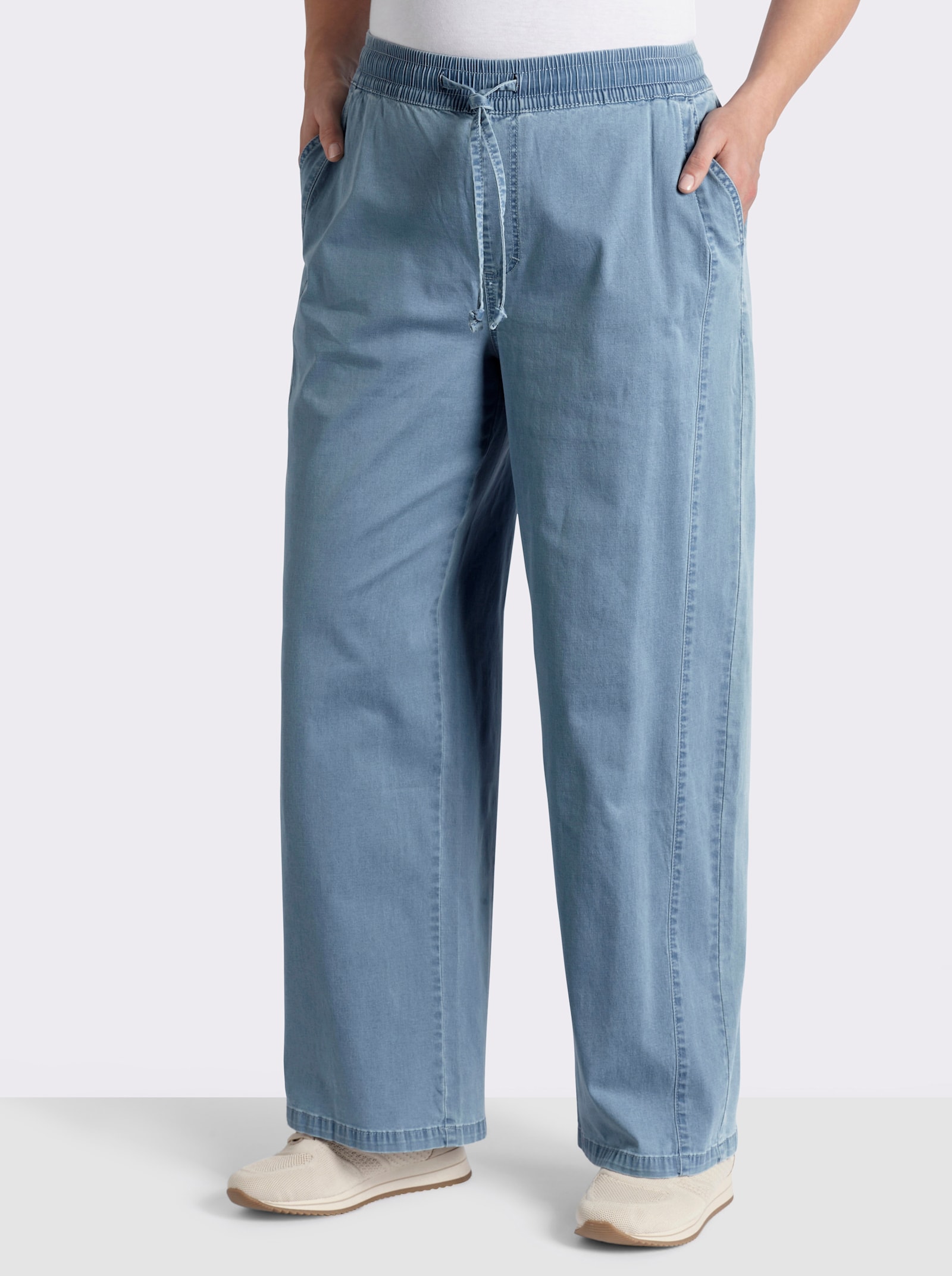 sheego Broek met wijde pijpen en bindceintuur - blue-bleached