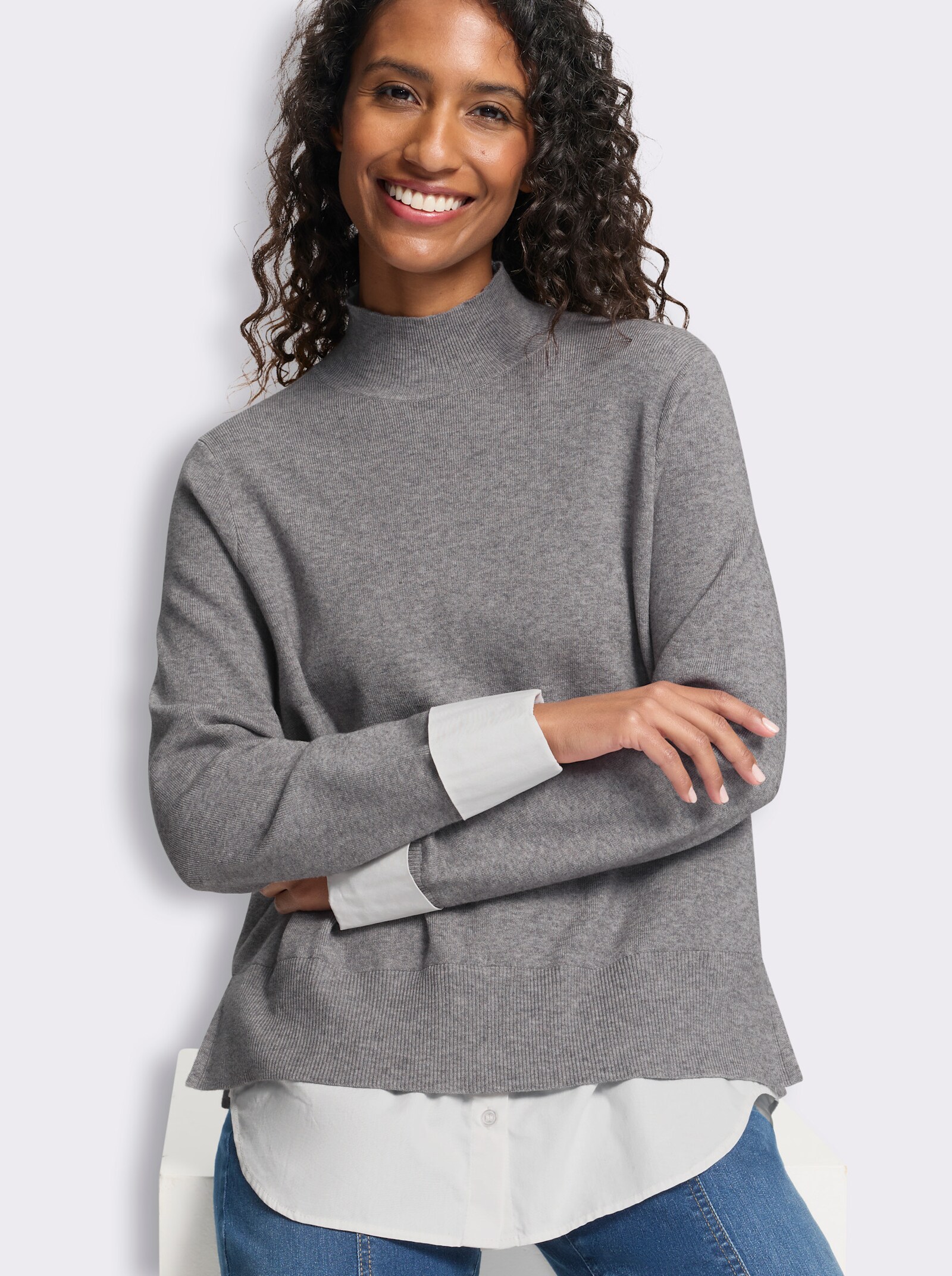heine Feinstrickpullover in 2-in-1-Optik - grau-meliert