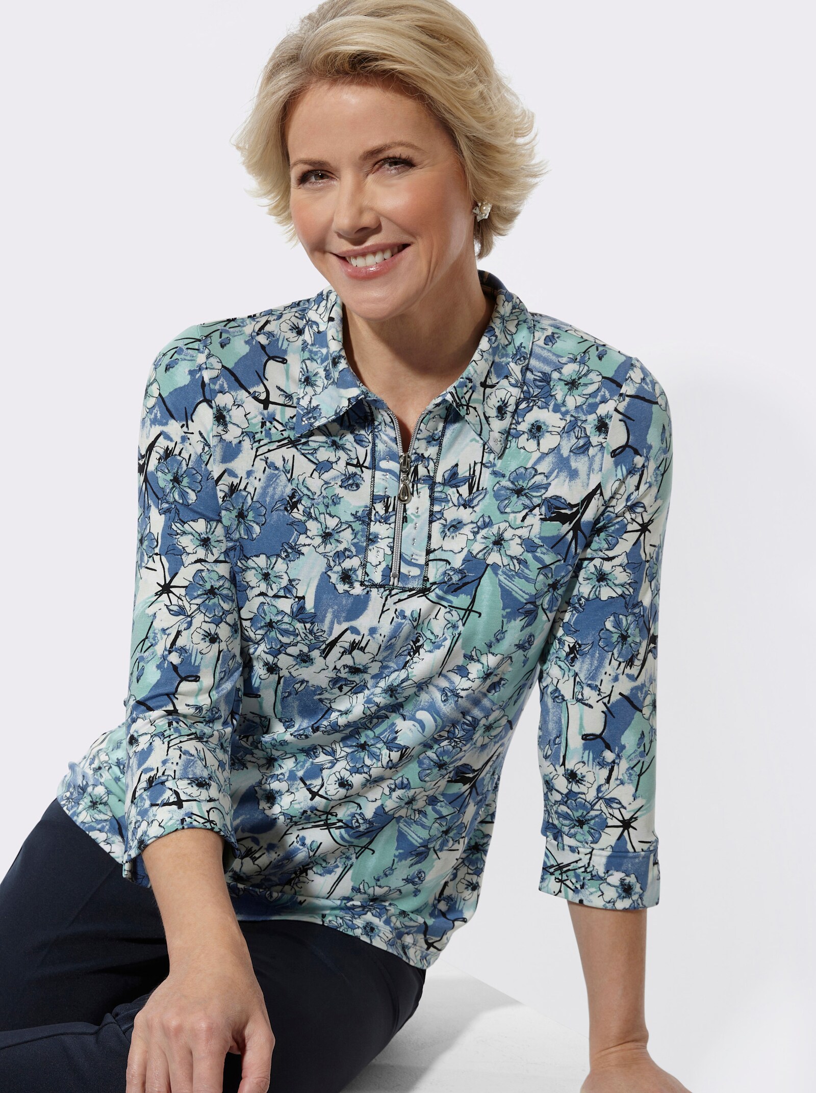 Poloshirt mit Glitzersteinchen - salbei-jeansblau-bedruckt