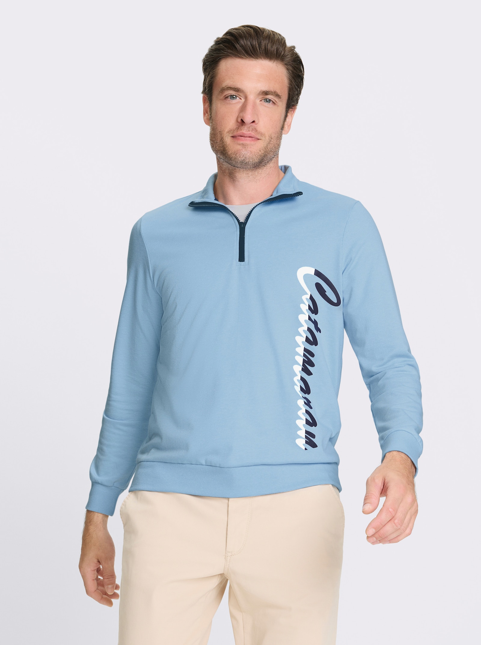 Catamaran Langarmshirt mit Schriftzug, vertikal - eisblau-meliert