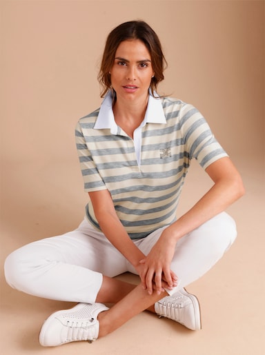 CREATION L PREMIUM Poloshirt mit Schmucksteinchen - hellgrau-champagner-geringelt