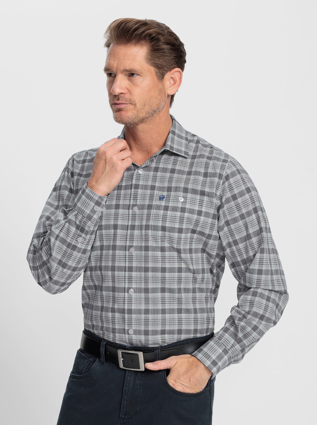 Marco Donati Langarmhemd - schwarz-jeansblau-kariert