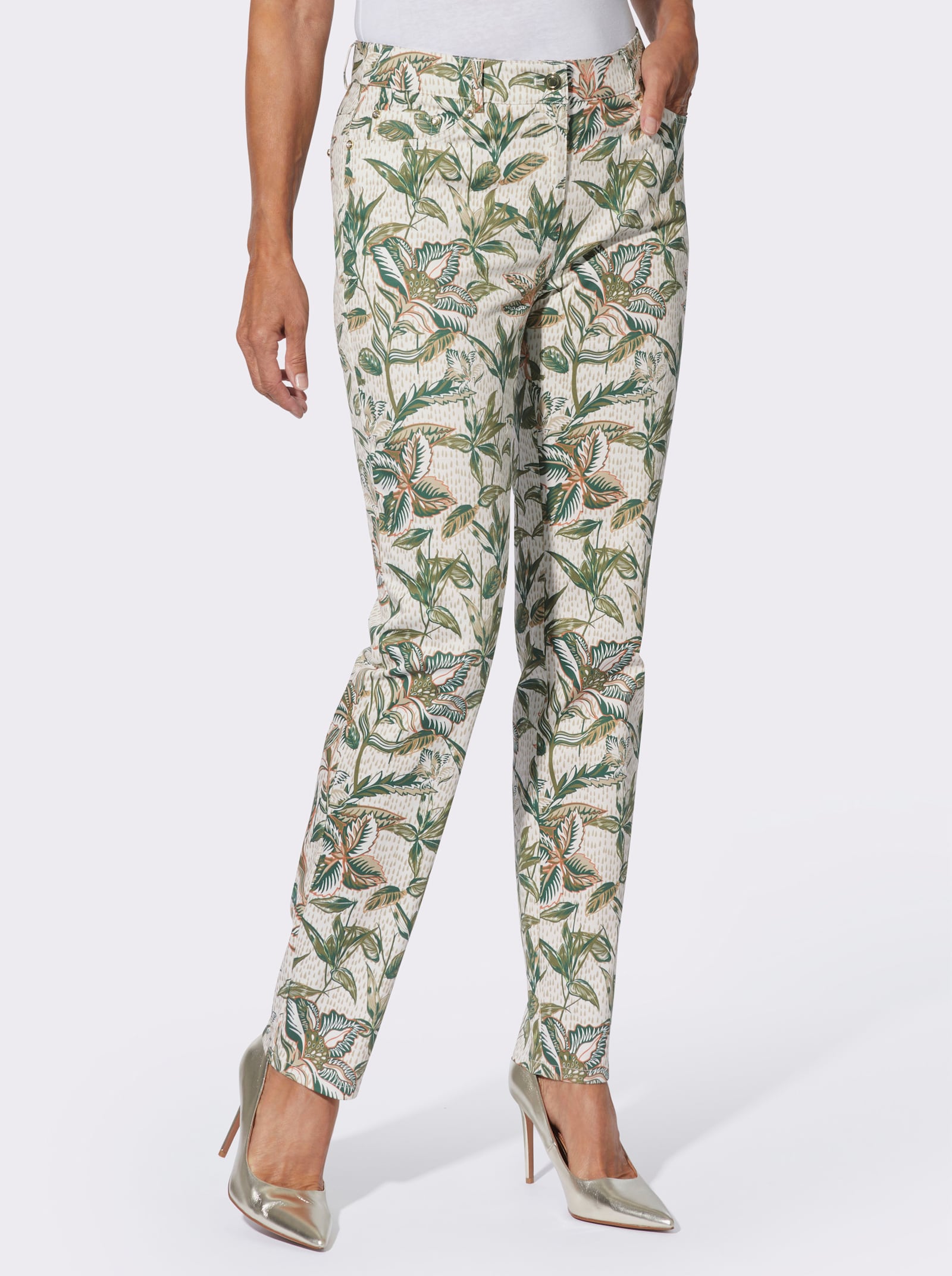 Druckhose in Satin-Qualität - ecru-oliv-bedruckt