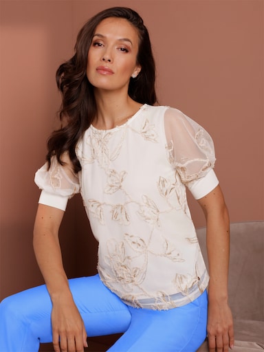 CREATION L PREMIUM Kurzarmshirt mit glitzernder Stickerei - ecru-gemustert