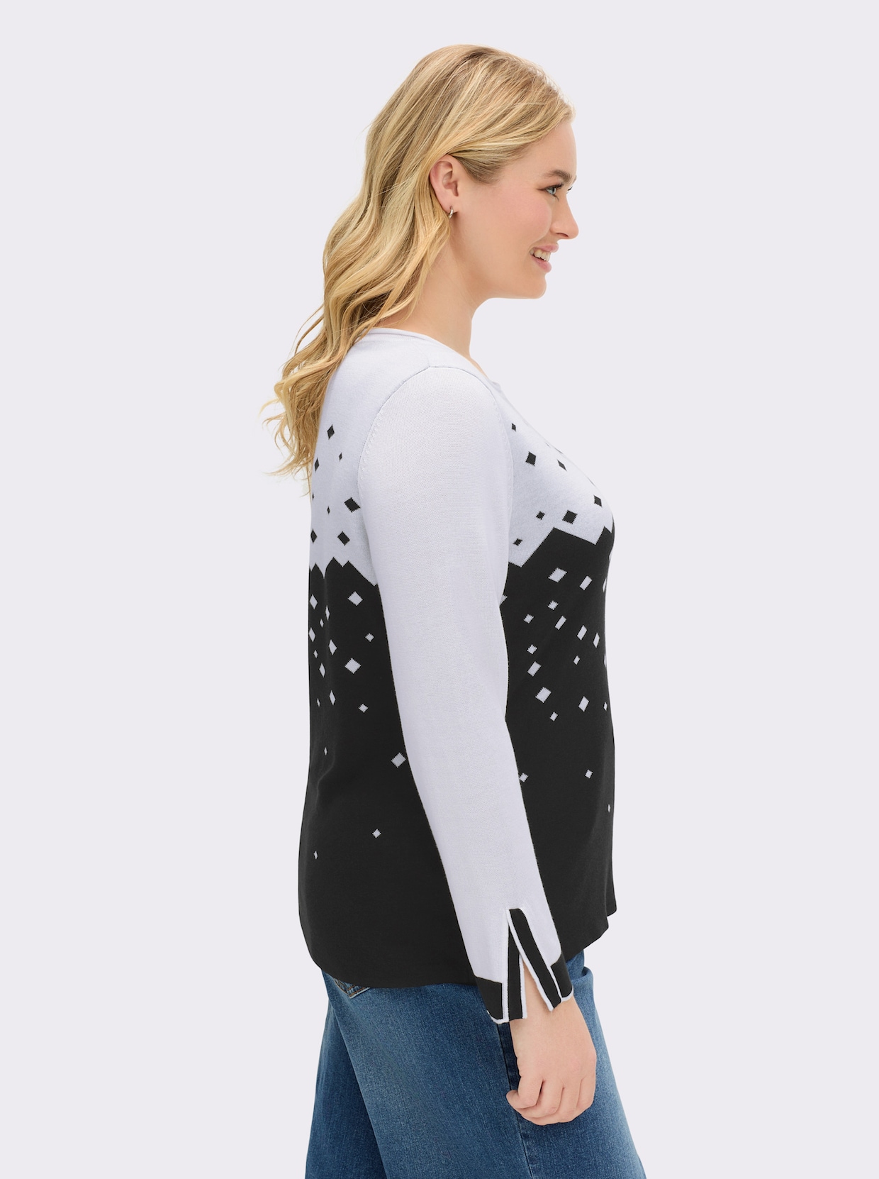 Strickpullover mit geschlitzten Ärmeln - schwarz-weiß