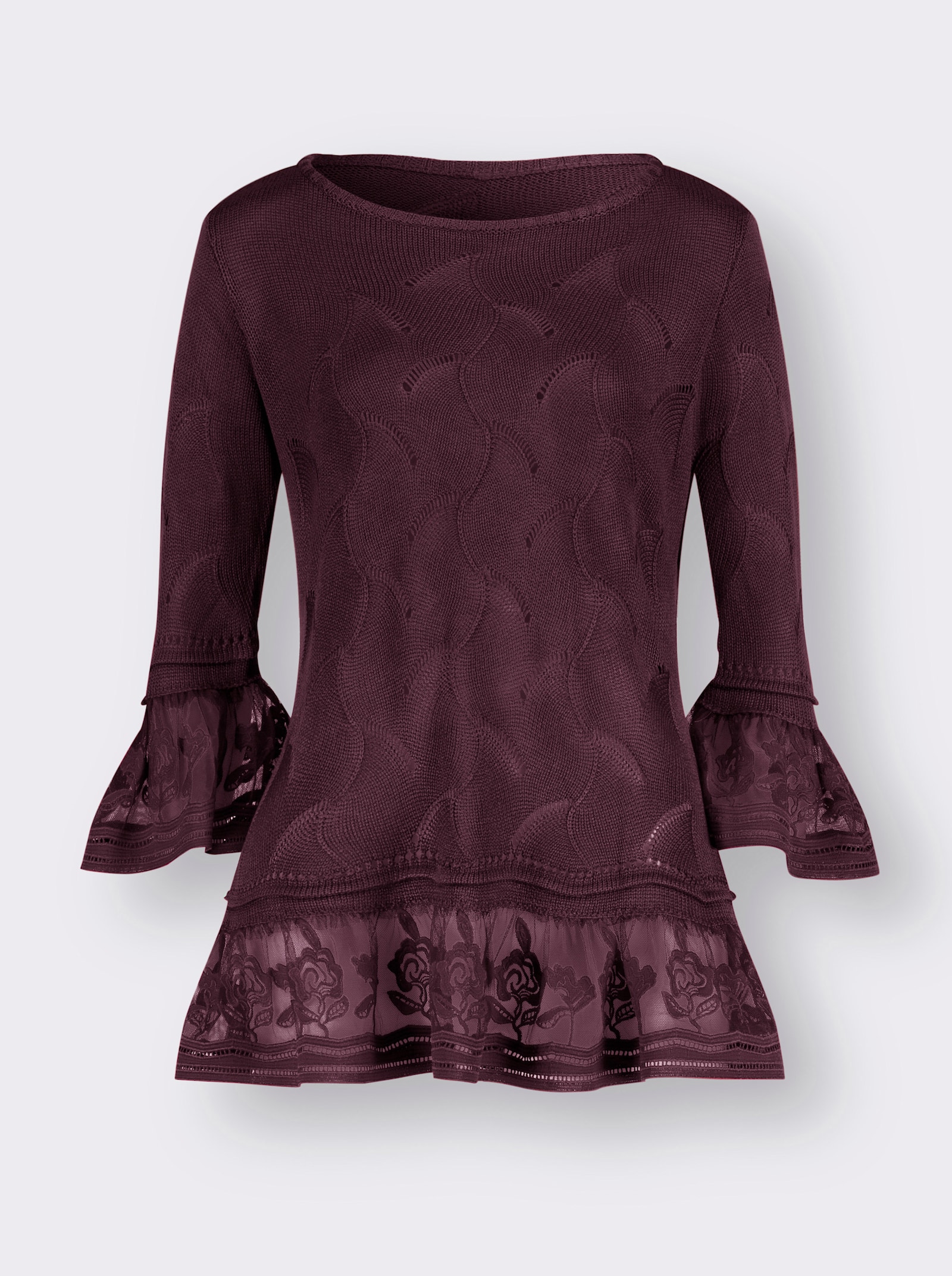 Longpullover mit Spitzenbesatz - burgund