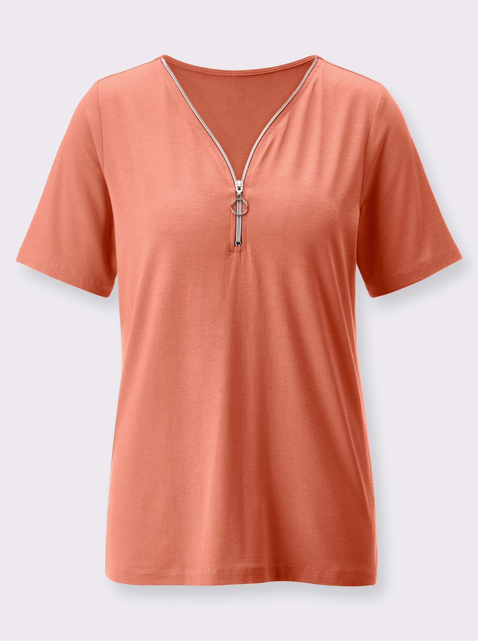 Kurzarmshirt mit Reißverschluss am V-Ausschnitt - papaya