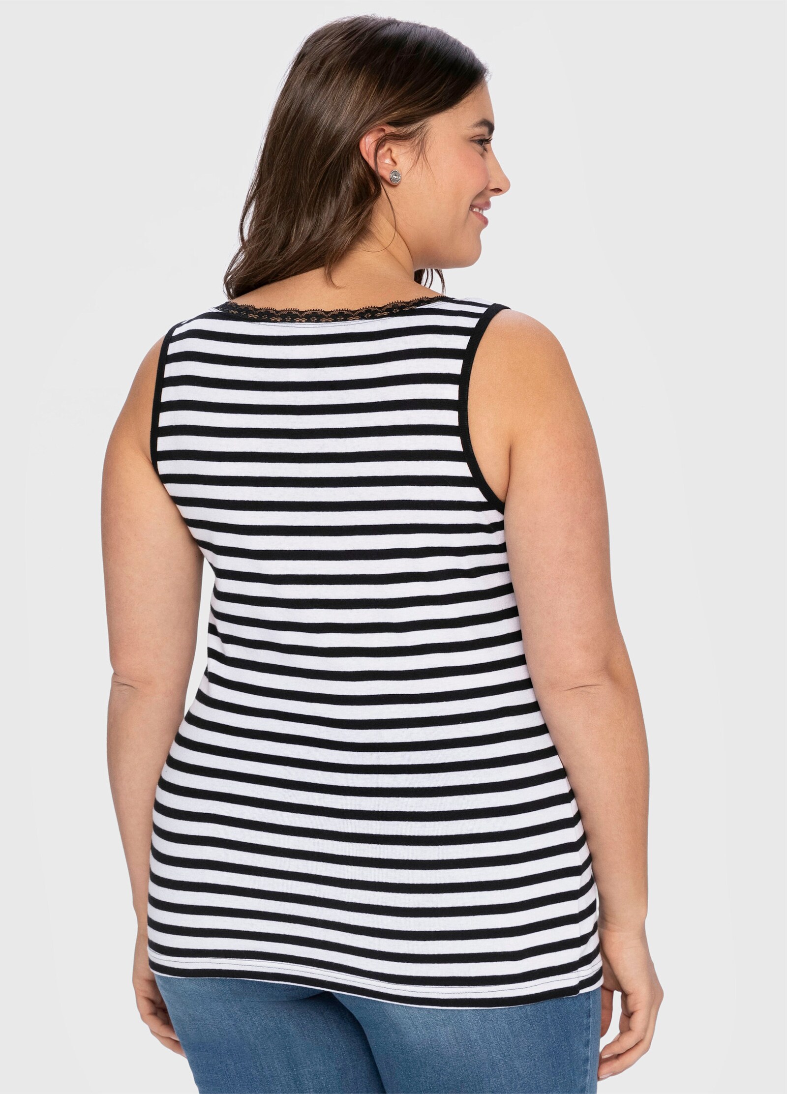 sheego Tanktop mit Ringeln und Spitzenkante. - schwarz-weiß