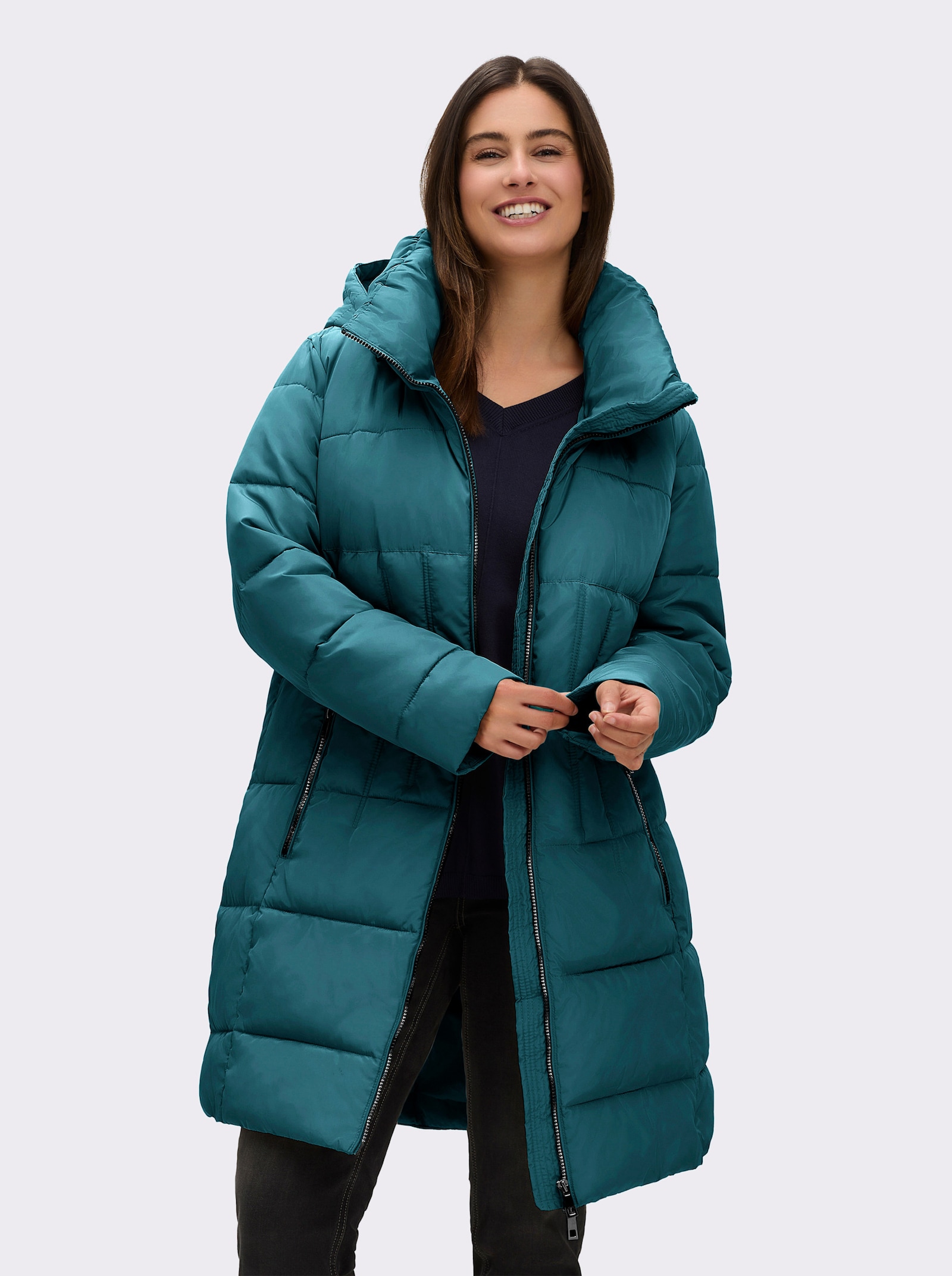 Steppmantel mit Raffung am Stehkragen - petrol