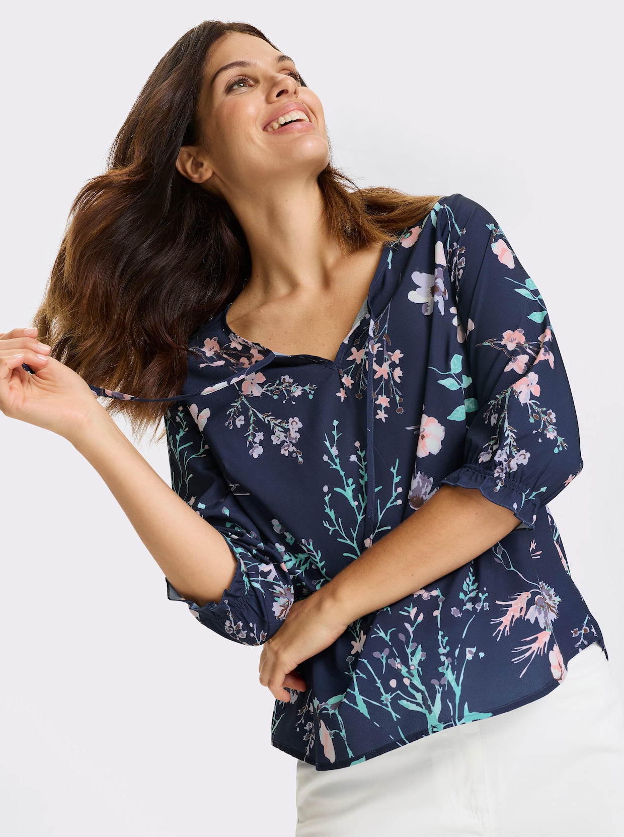 Schlupf-Bluse - marine-hellrosé-bedruckt