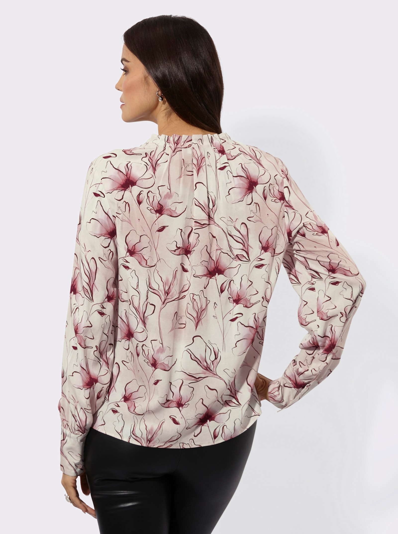 Druckbluse mit knöpfbaren Manschetten - hortensie-bordeaux-bedruckt