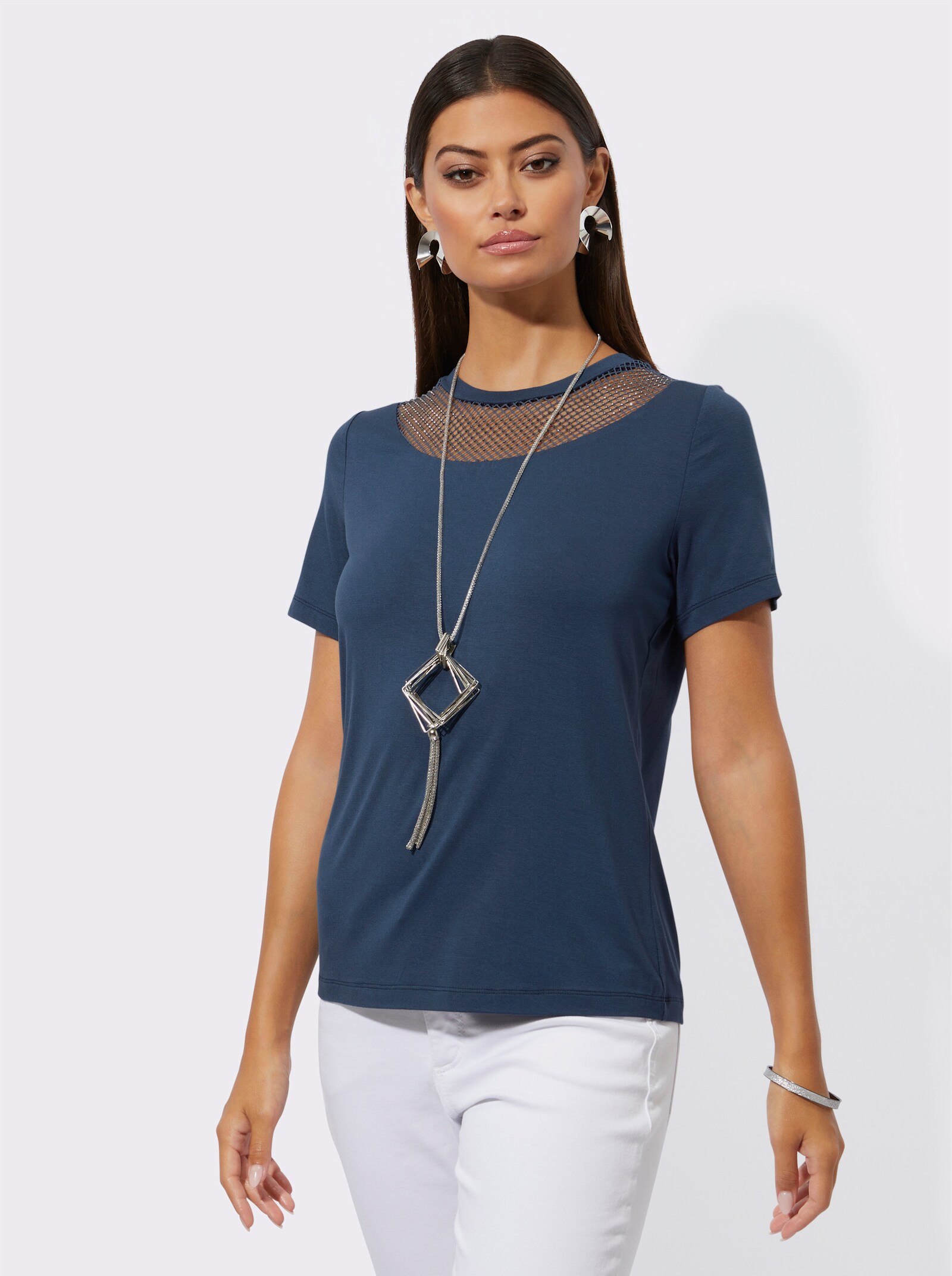 Kurzarmshirt mit Netz-Einsatz - dunkelblau