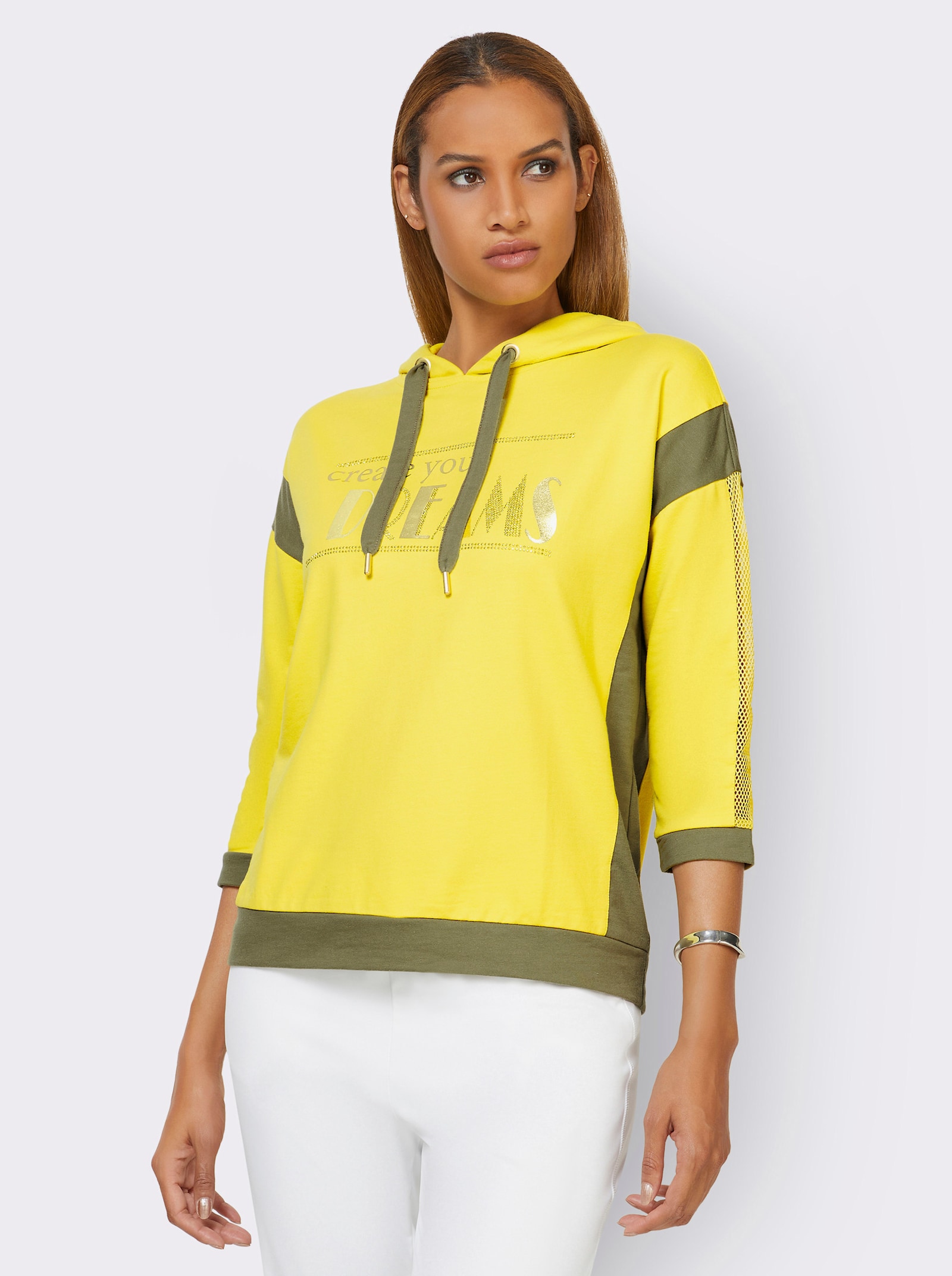 Kapuzensweatshirt mit Netz-Einsätzen - limone-goldfarben-bedruckt