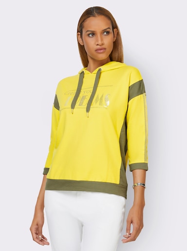 Kapuzensweatshirt mit Netz-Einsätzen - limone-goldfarben-bedruckt