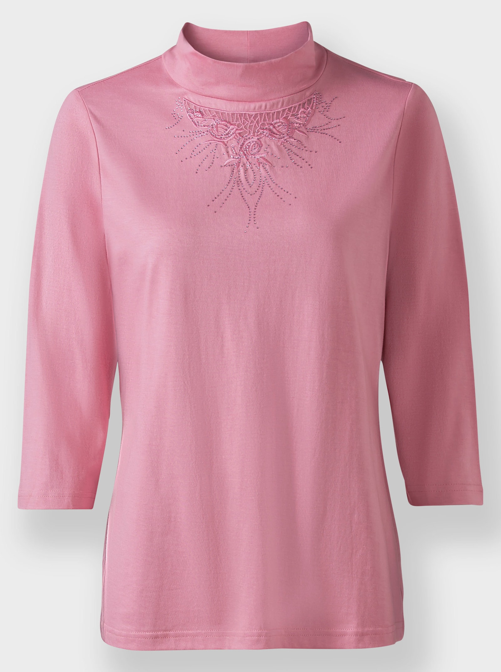 Shirt met 3/4-mouwen en bloemenborduursel - oudroze