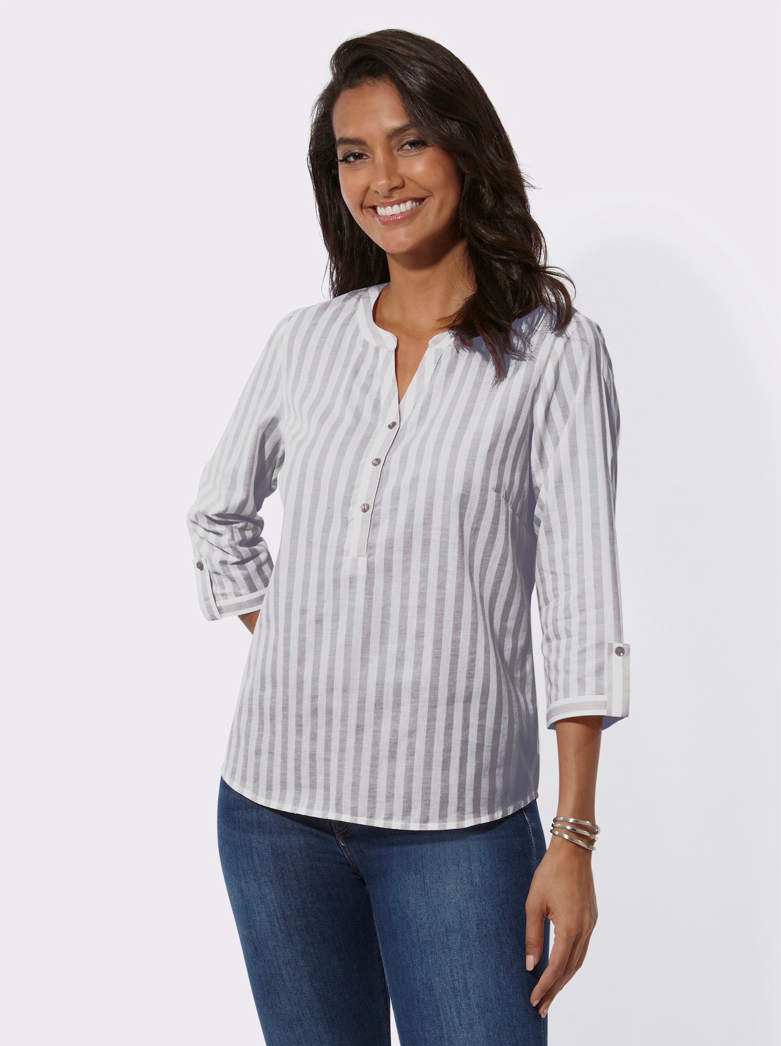 Gestreifte Bluse mit Faltenpartie im Rücken - hellgrau-weiß-gestreift