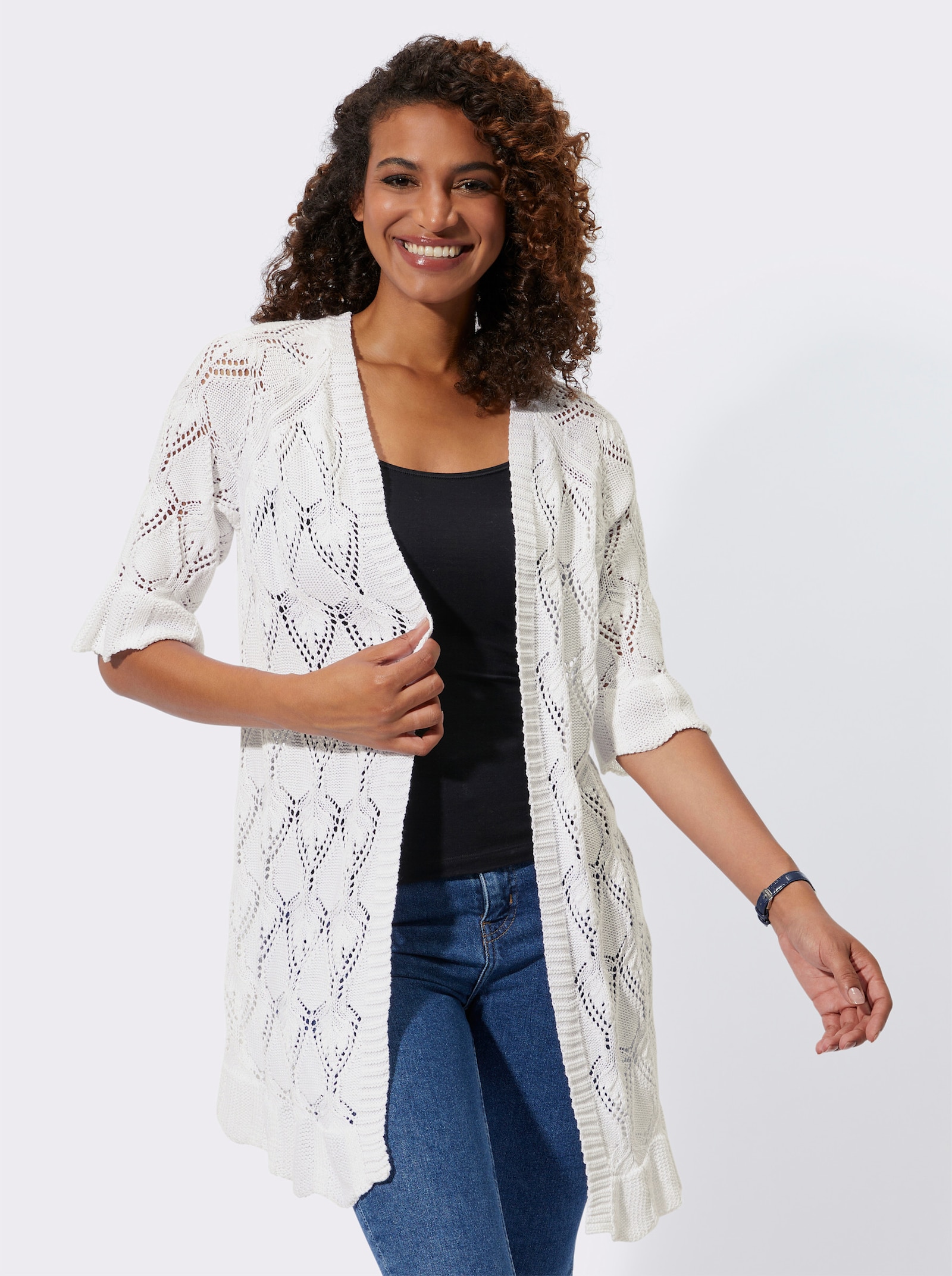 Ajourstrickjacke mit gewellten Abschlüssen - weiß