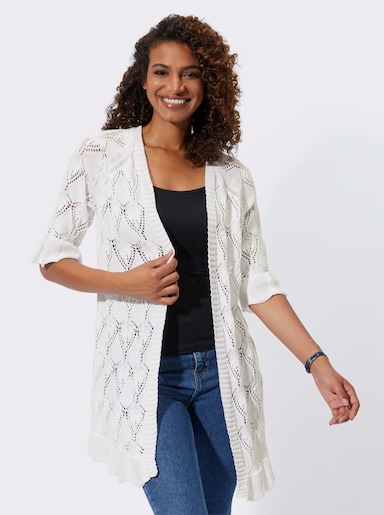 Ajourstrickjacke mit gewellten Abschlüssen - weiß