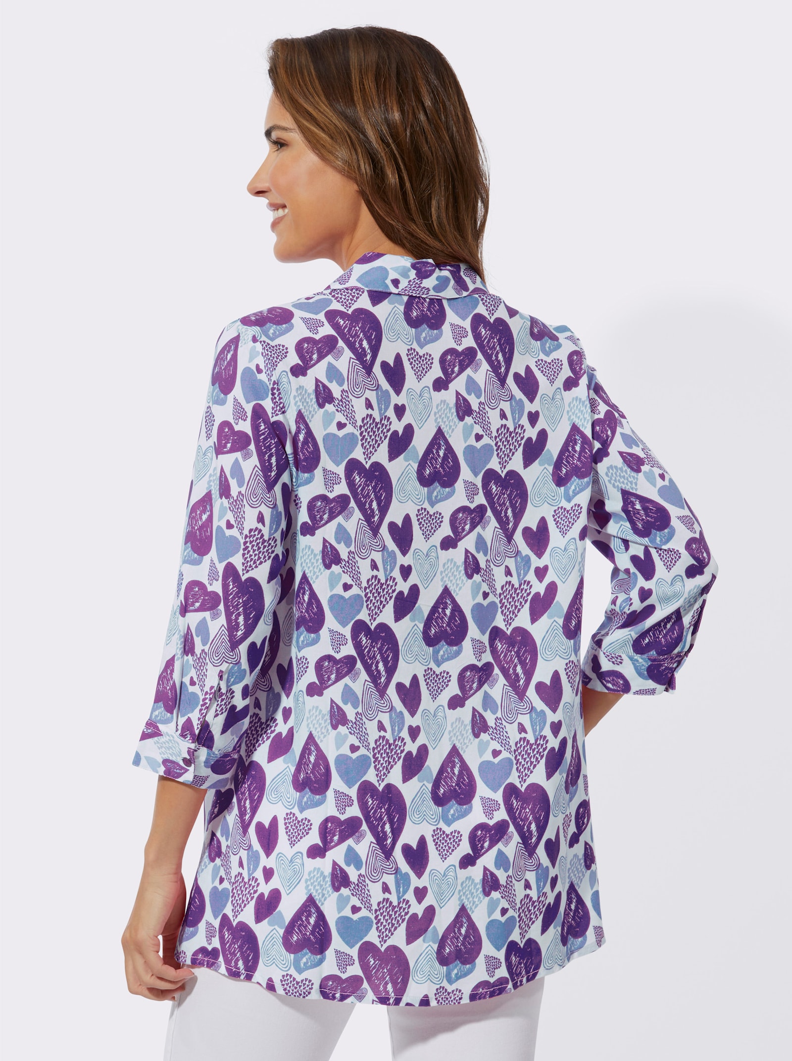 Lange blouse in hartdessin - wit/lavendel bedrukt