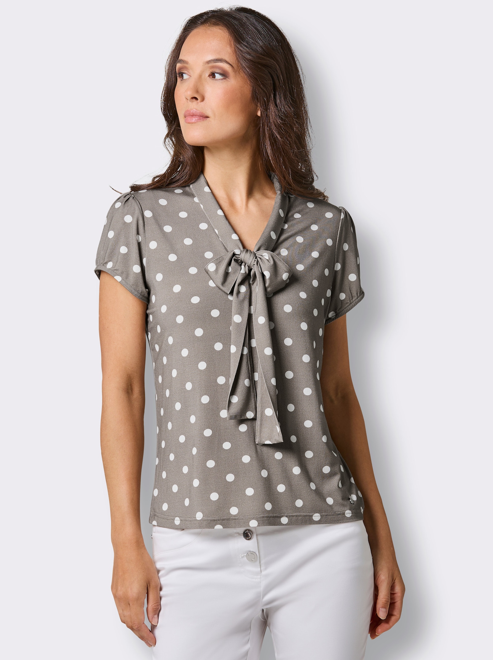 CREATION L PREMIUM Print-Shirt mit Schluppe und Flügelärmeln - taupe-ecru-getupft