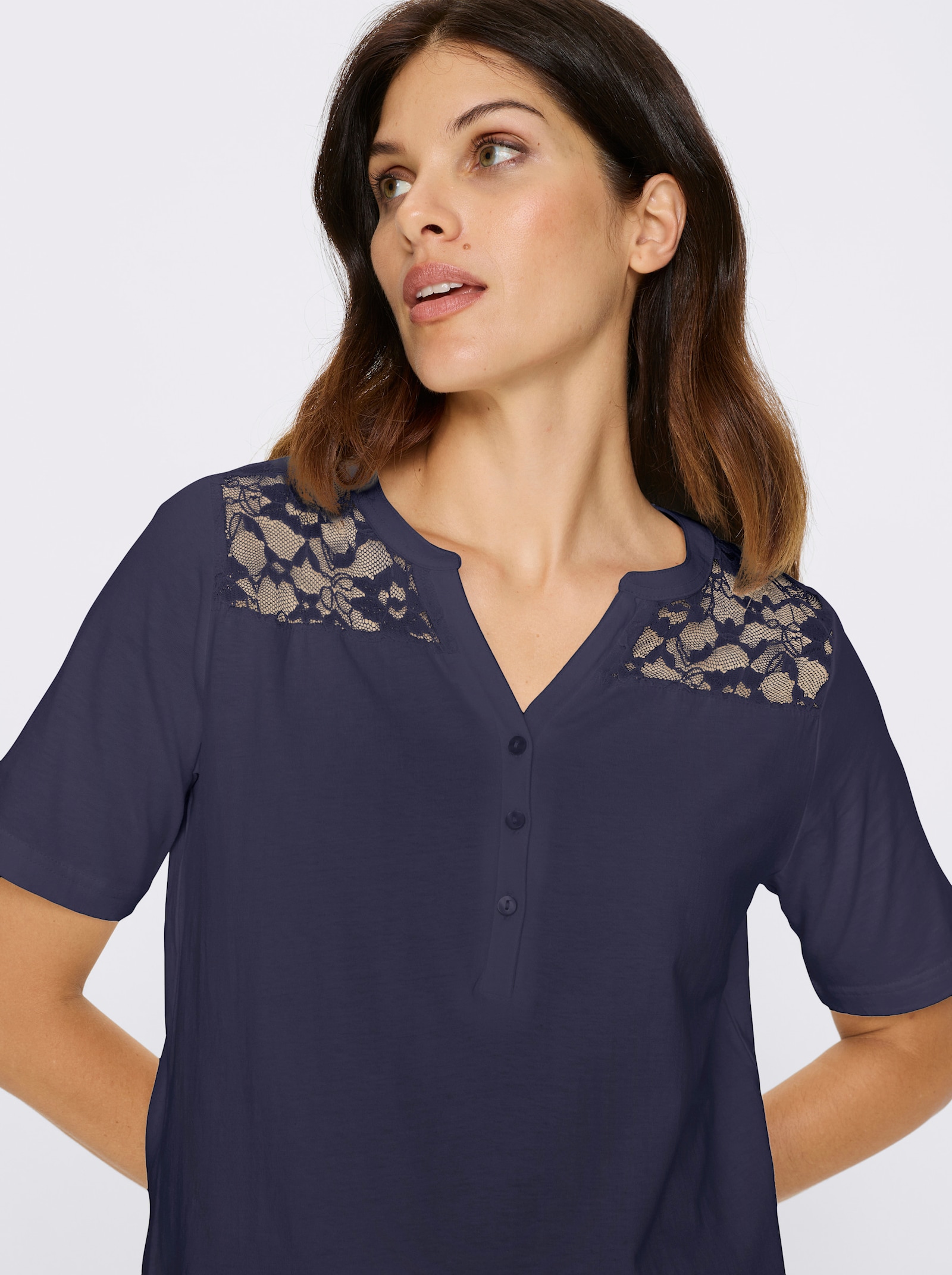 Tričko s krátkým rukávem s krajkovou vsadkou - námořnická modrá