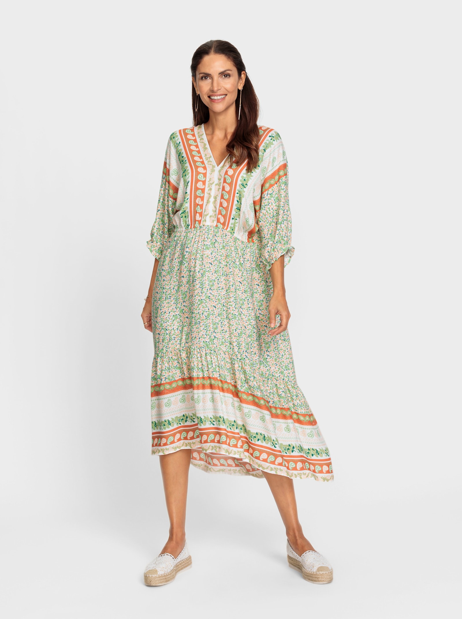 Sommerkleid mit Fledermaus-Ärmeln - ecru-orange-gemustert