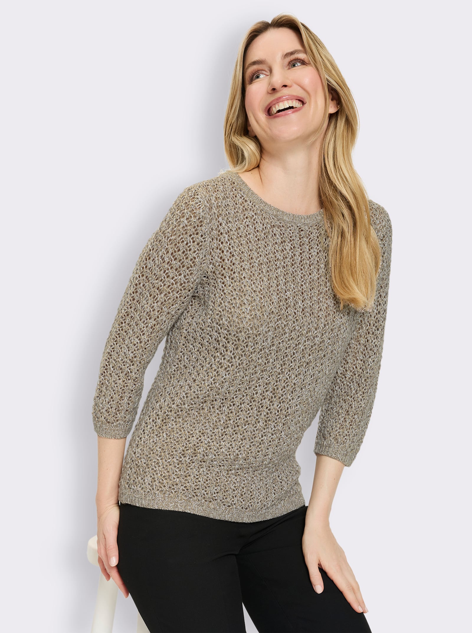 3/4-Arm-Pullover mit goldfarbenem Glanzgarn - taupe-ecru-meliert