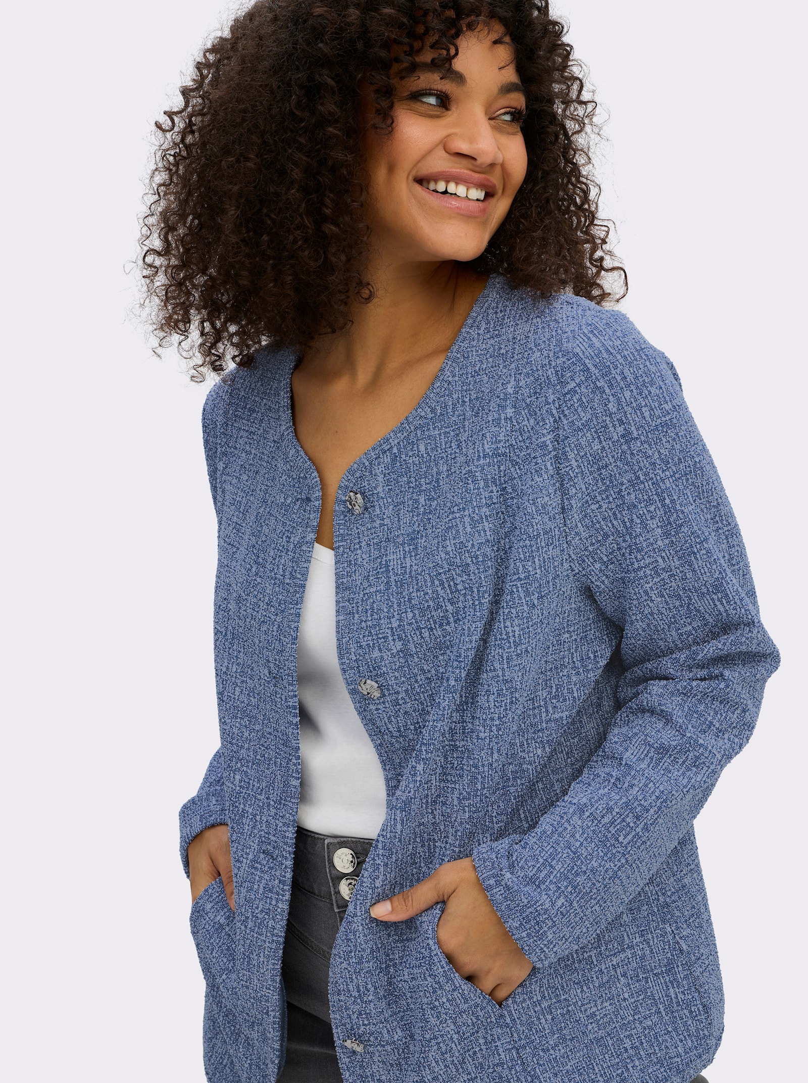 sheego Boucléjacke mit Schmuckknöpfen - jeansblau