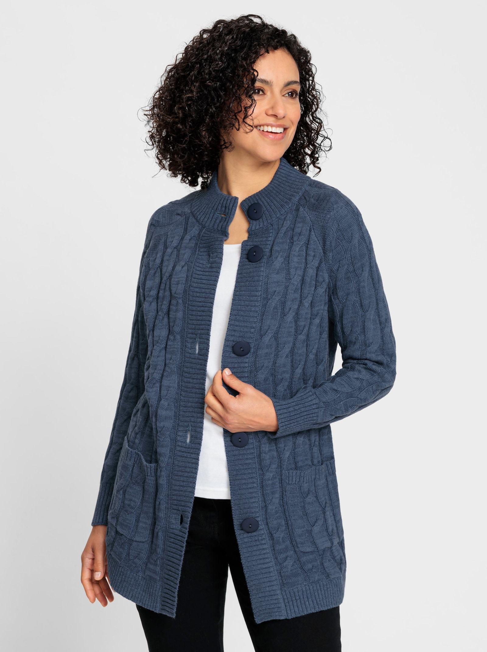Longstrickjacke mit Zopf-Strickmuster - rauchblau