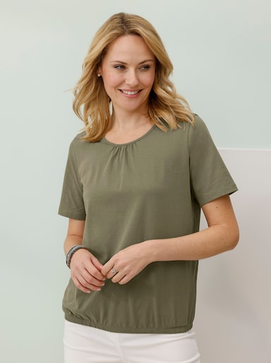Kurzarmshirt mit gerafftem Ausschnitt - khaki