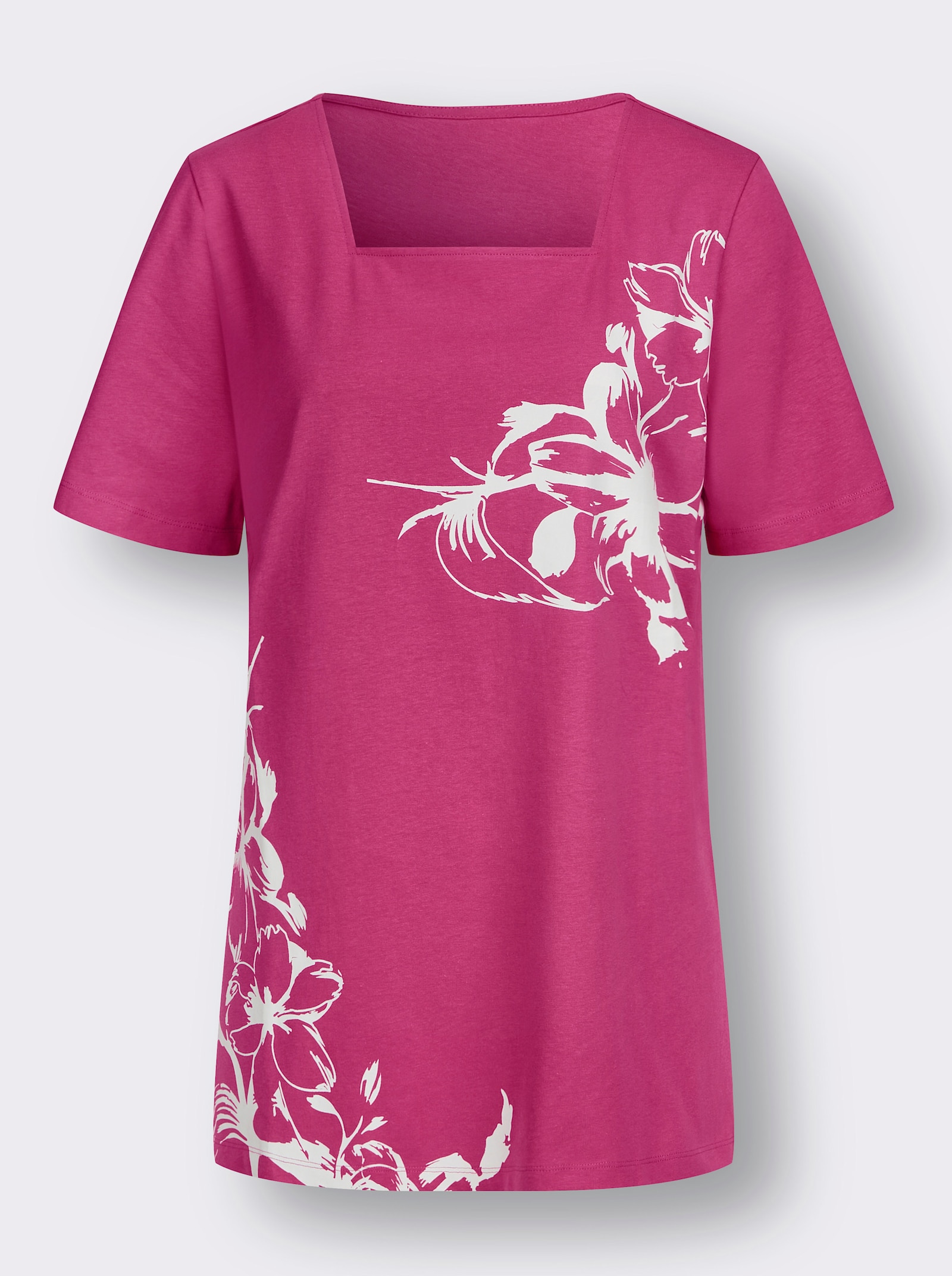 Lang shirt met vierkante hals, gebloemd - fuchsia/wit