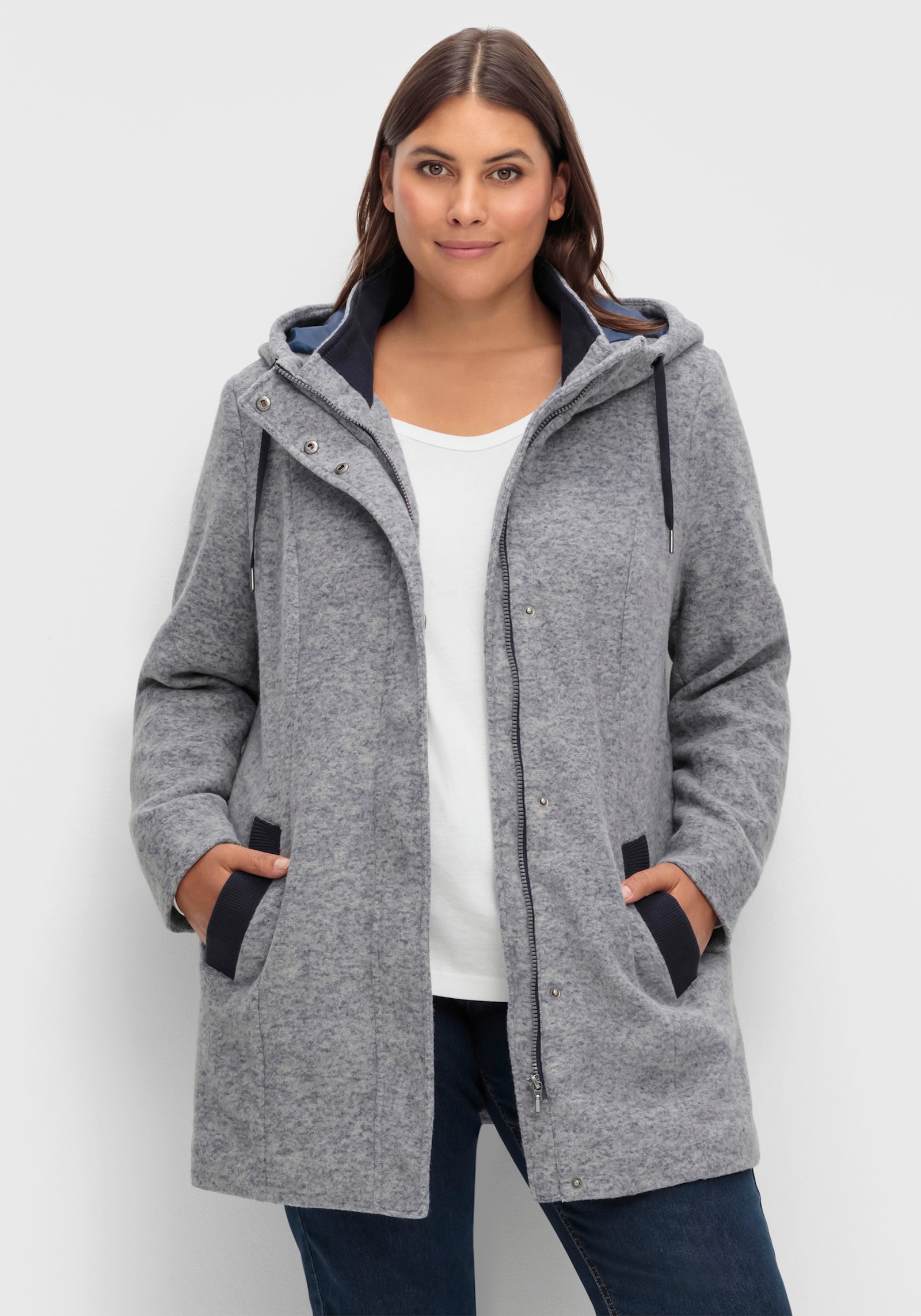 Longjacke mit weitenverstellbarer Kapuze - rauchblau-meliert