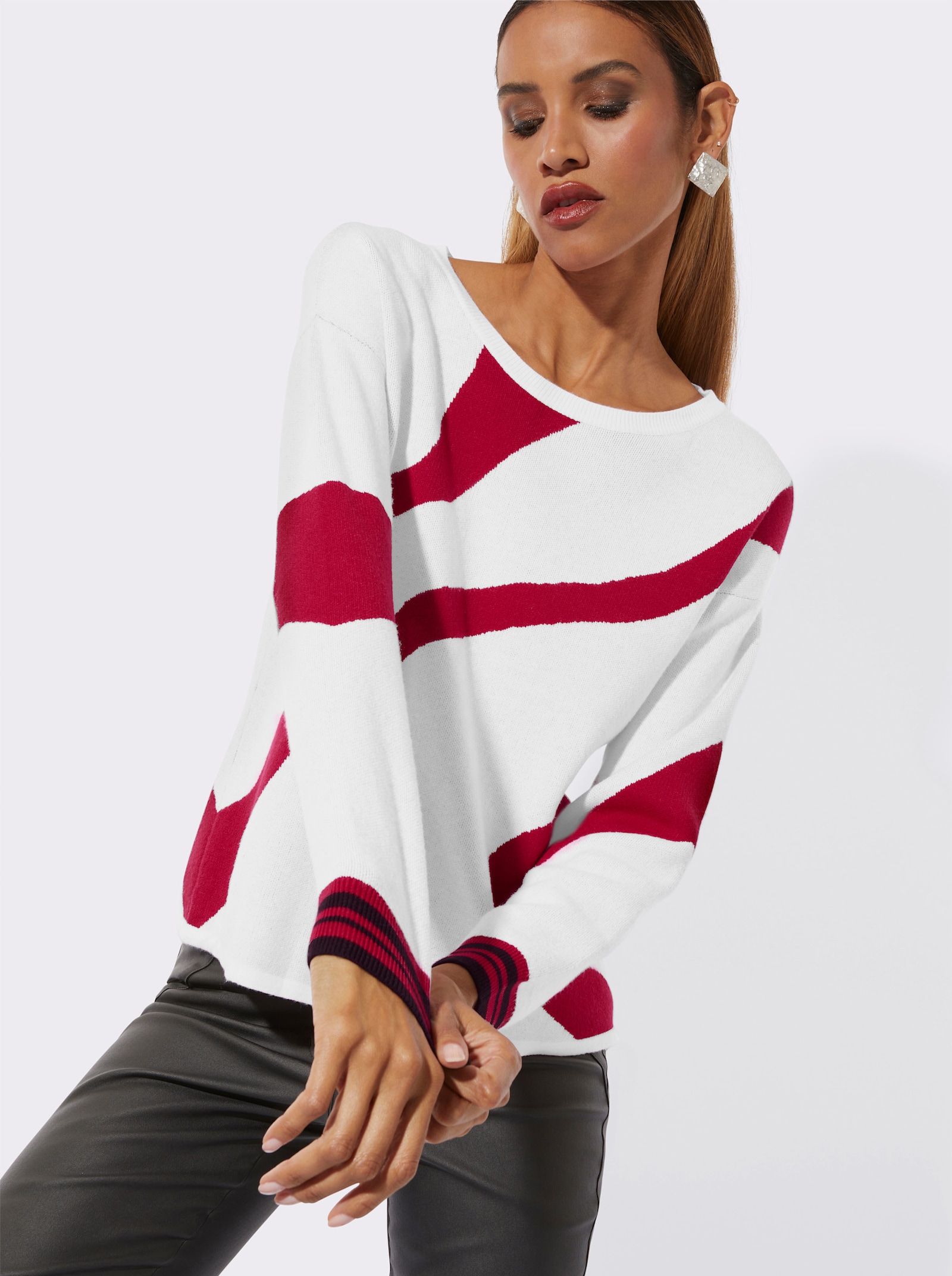 Pull à encolure ronde avec motif jacquard - blanc-rouge à motifs