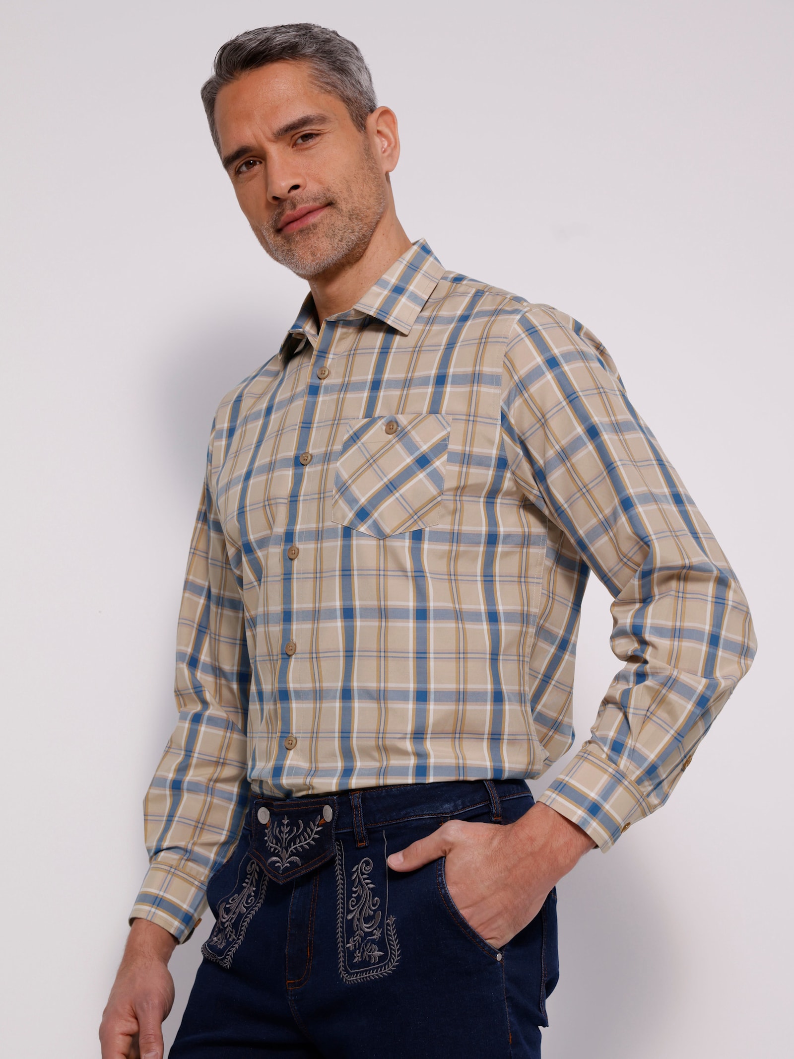 Karohemd in Baumwoll-Mischung - beige-jeansblau-kariert
